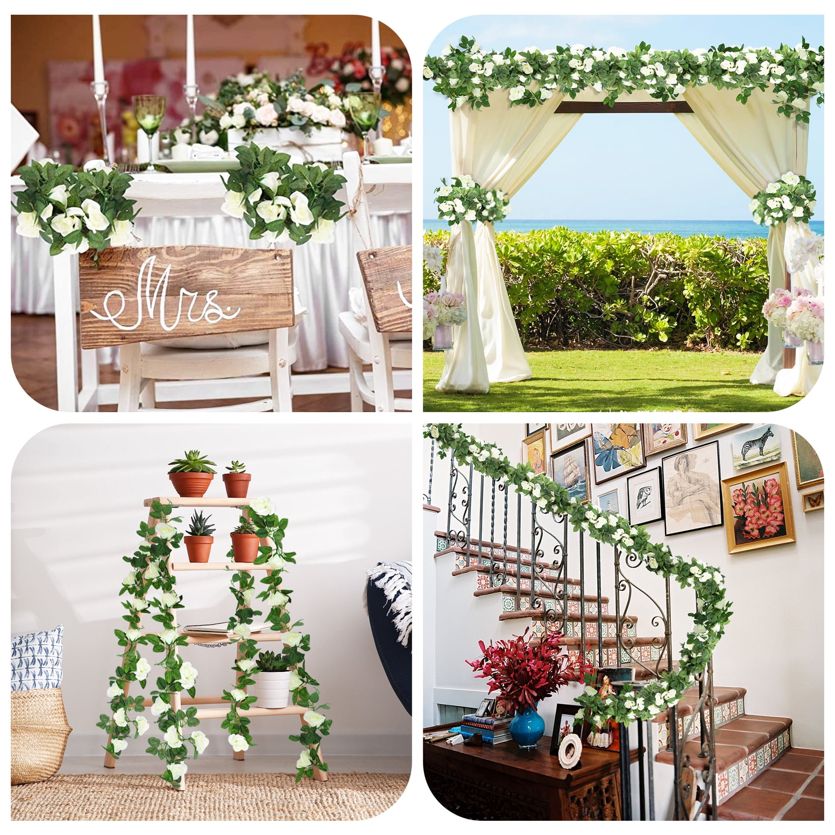 YOLETO Artificial Rose Vine Garland for Wedding and Home Decor (White, 2 Pack, 15 ft Total) m7188