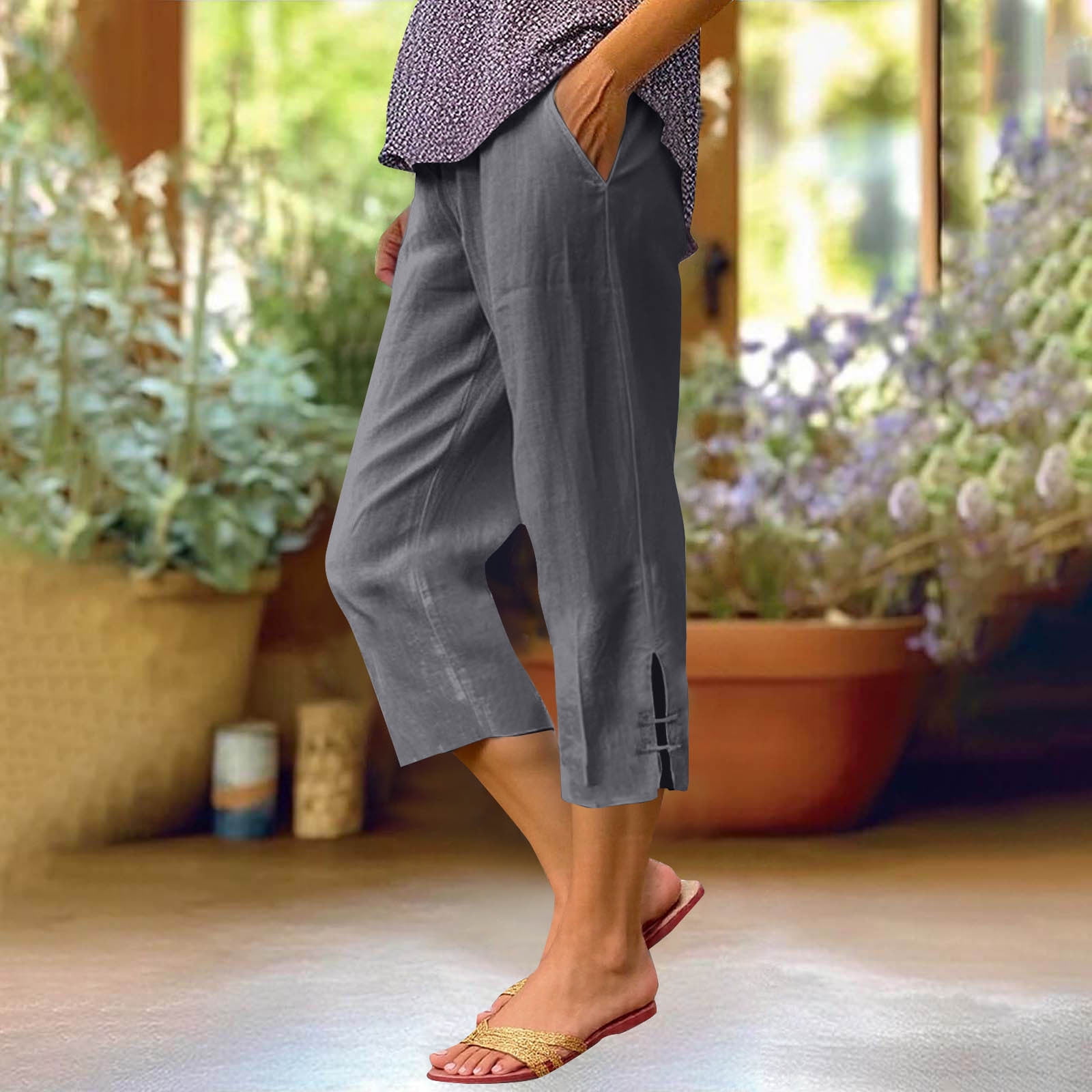 TOPLIU Women's Linen Capris Wide Leg Pants with Pockets (Beige, L) fo1zw