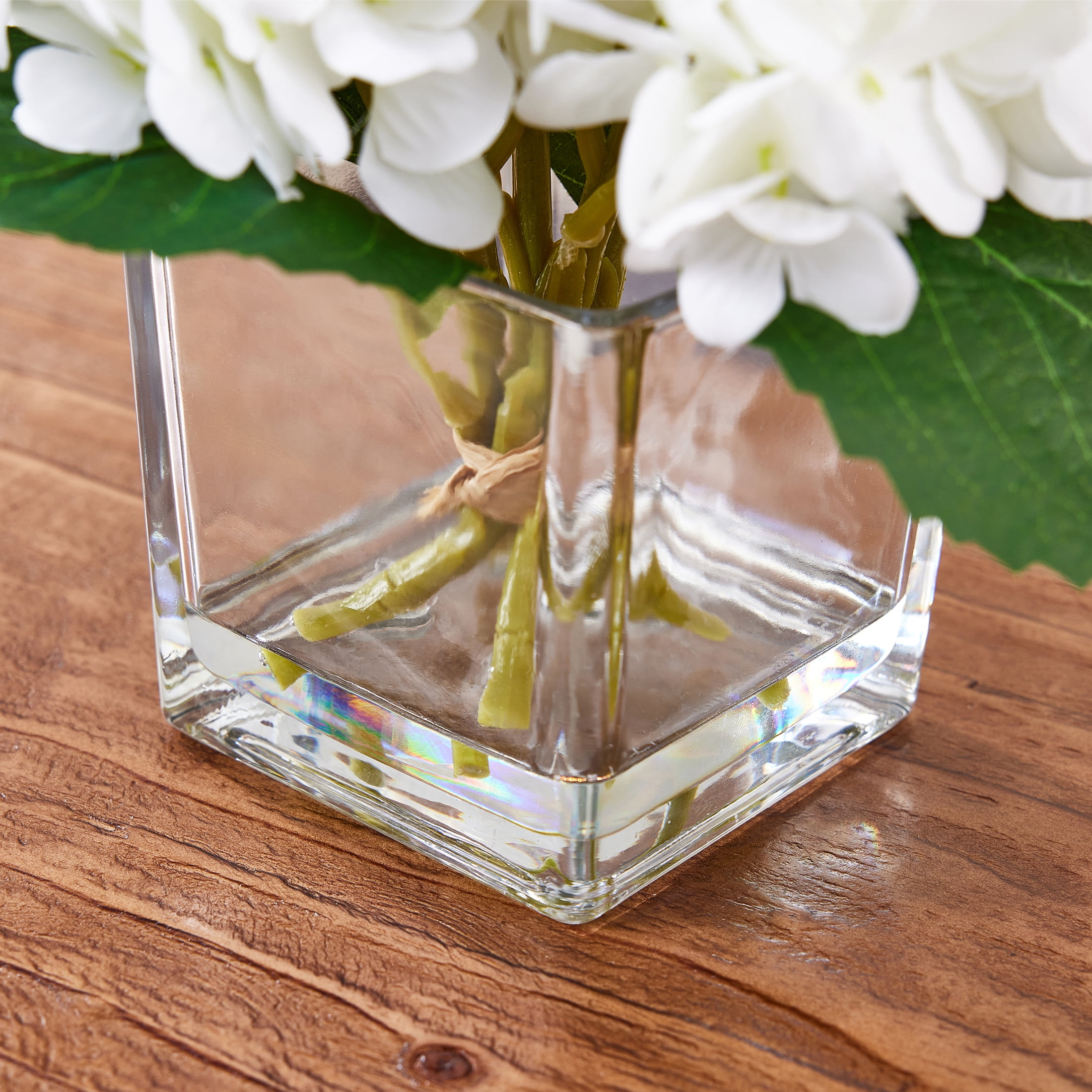 DR.Planzen Artificial White Hydrangea Floral Arrangement in Square Glass Vase (White, 8.3 in) 5zzzj