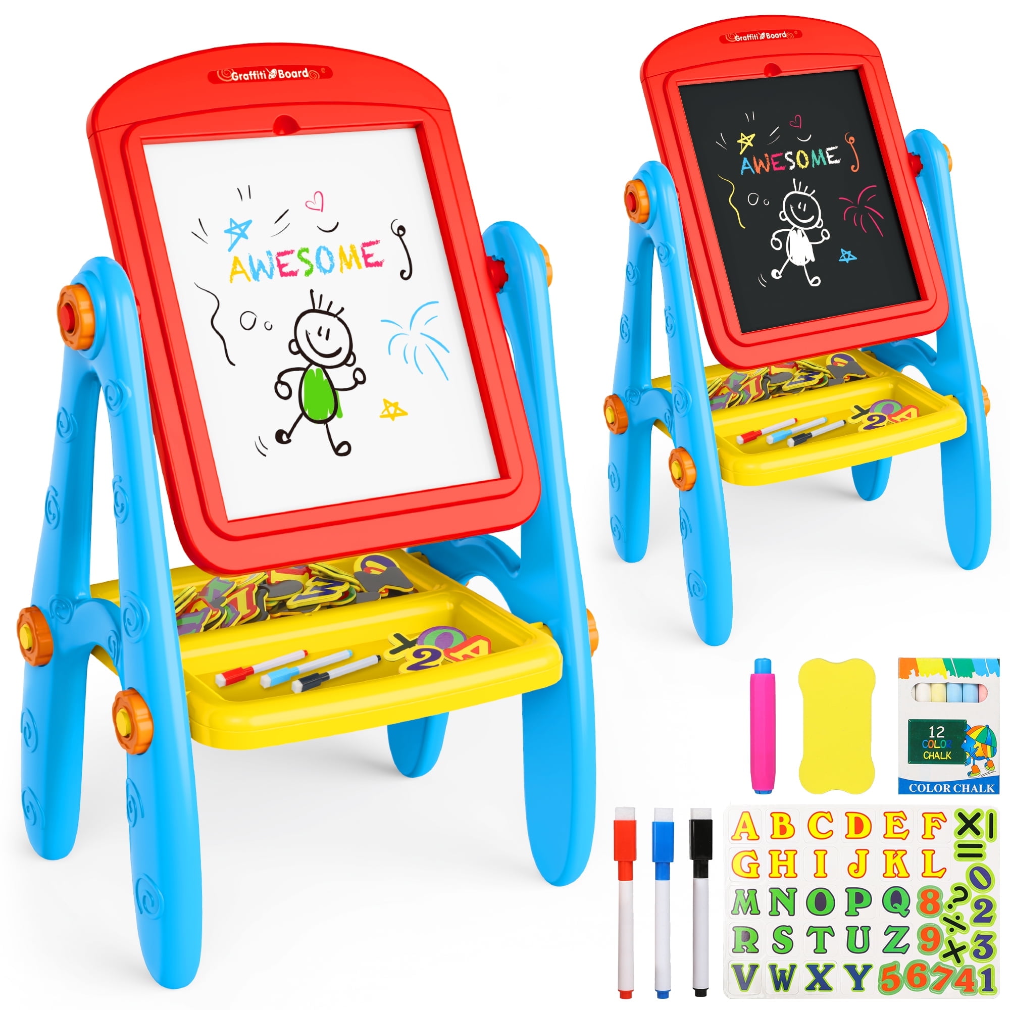 Freecat Kids Art Easel, Double Sided Magnetic Whiteboard and Chalkboard Drawing Station (White) 67pv2