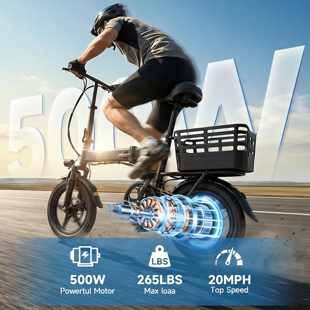 XLNEFNZ Folding Electric Bike, 500W Motor 20MPH E-Bike with Rear Basket and Dual Suspension (14 in Wheel, Black) zshoj