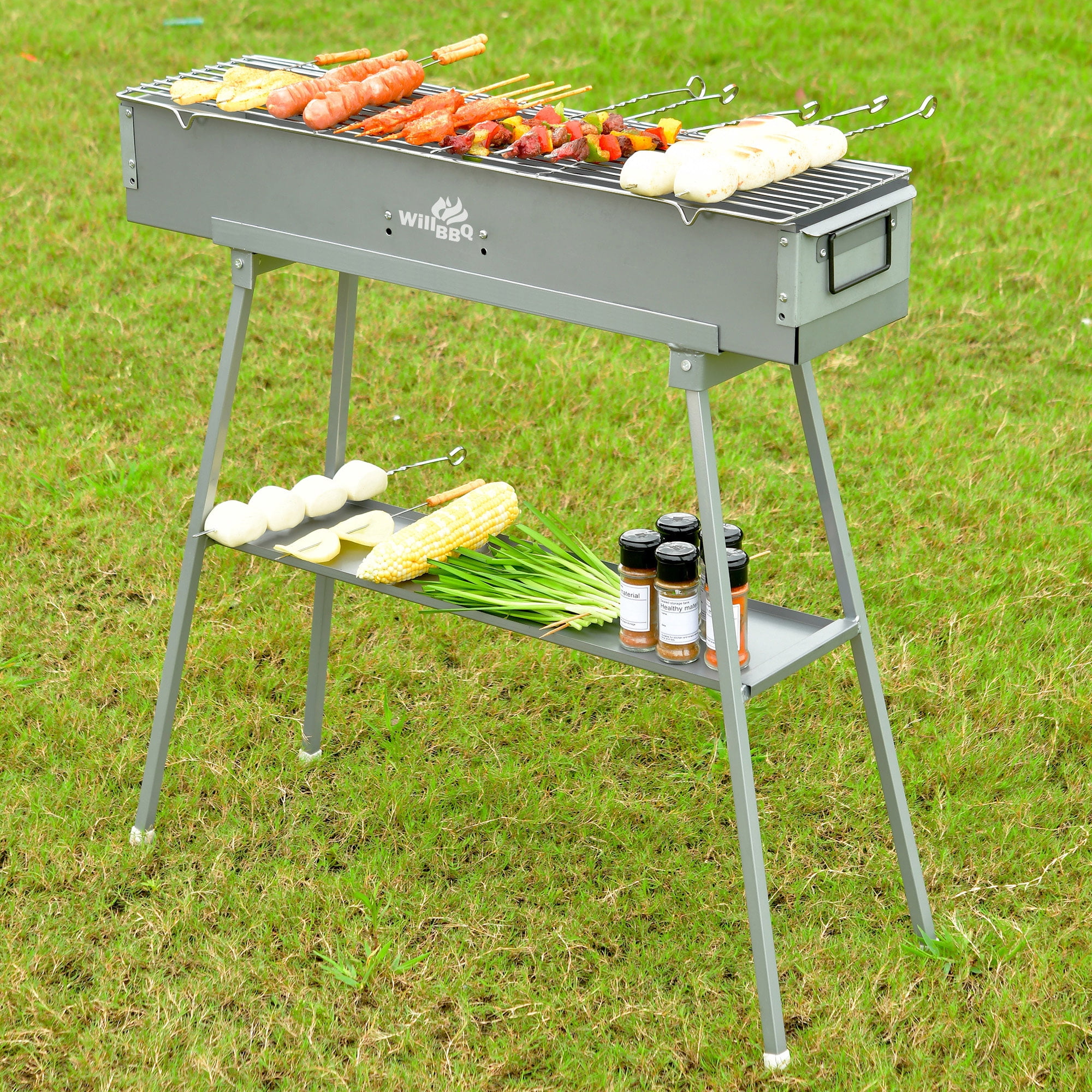 WILLBBQ Portable Charcoal Grill, Heavy-Duty Hibachi BBQ for Skewers and Outdoor Cooking (Black, 31.6x7.1x5.1 in) 8le97