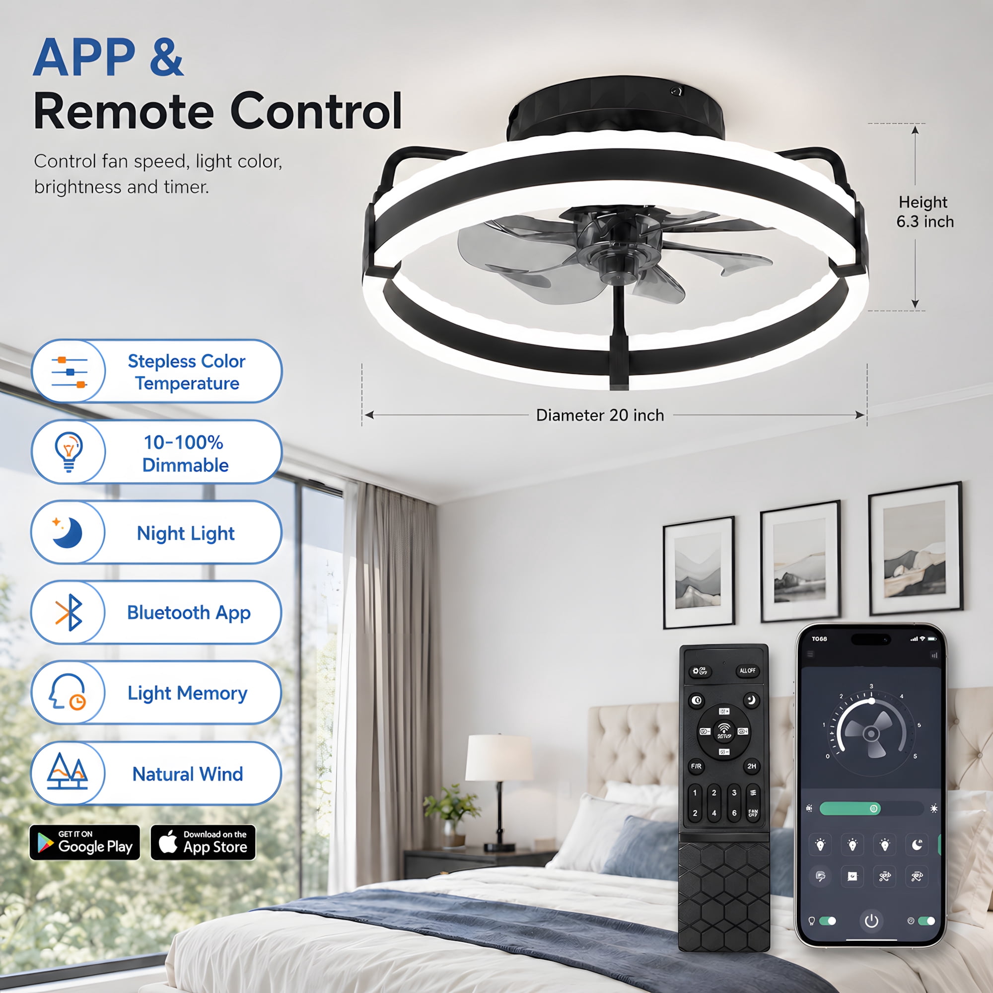 DAYBETTER 20-Inch Low Profile Ceiling Fan with LED Lights and Remote (Black, 20 in) 0t80r