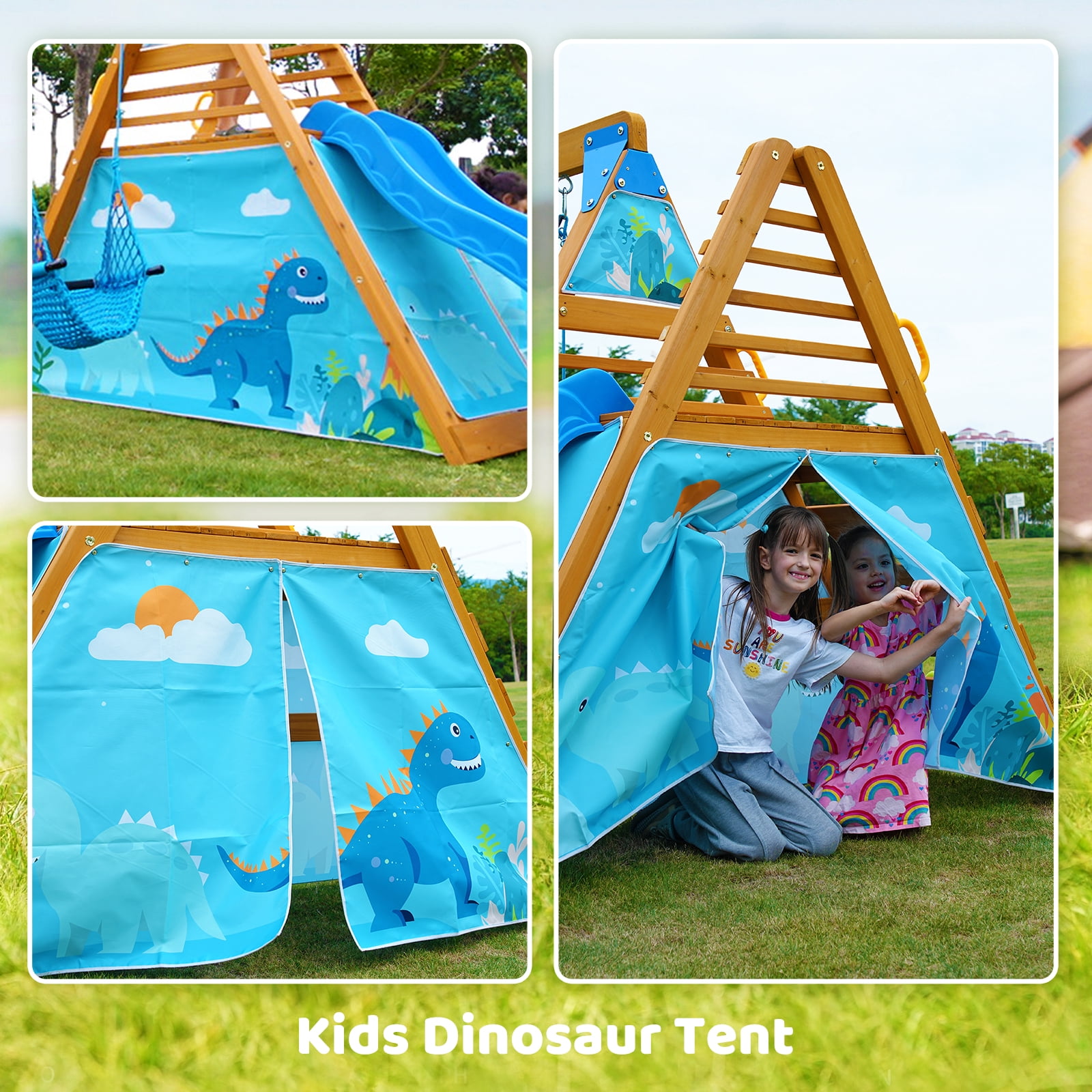 SuniBoxi Kids Backyard Wooden Playground Set with 2 Swings and Dinosaur Play Tent (Blue) o7rzi