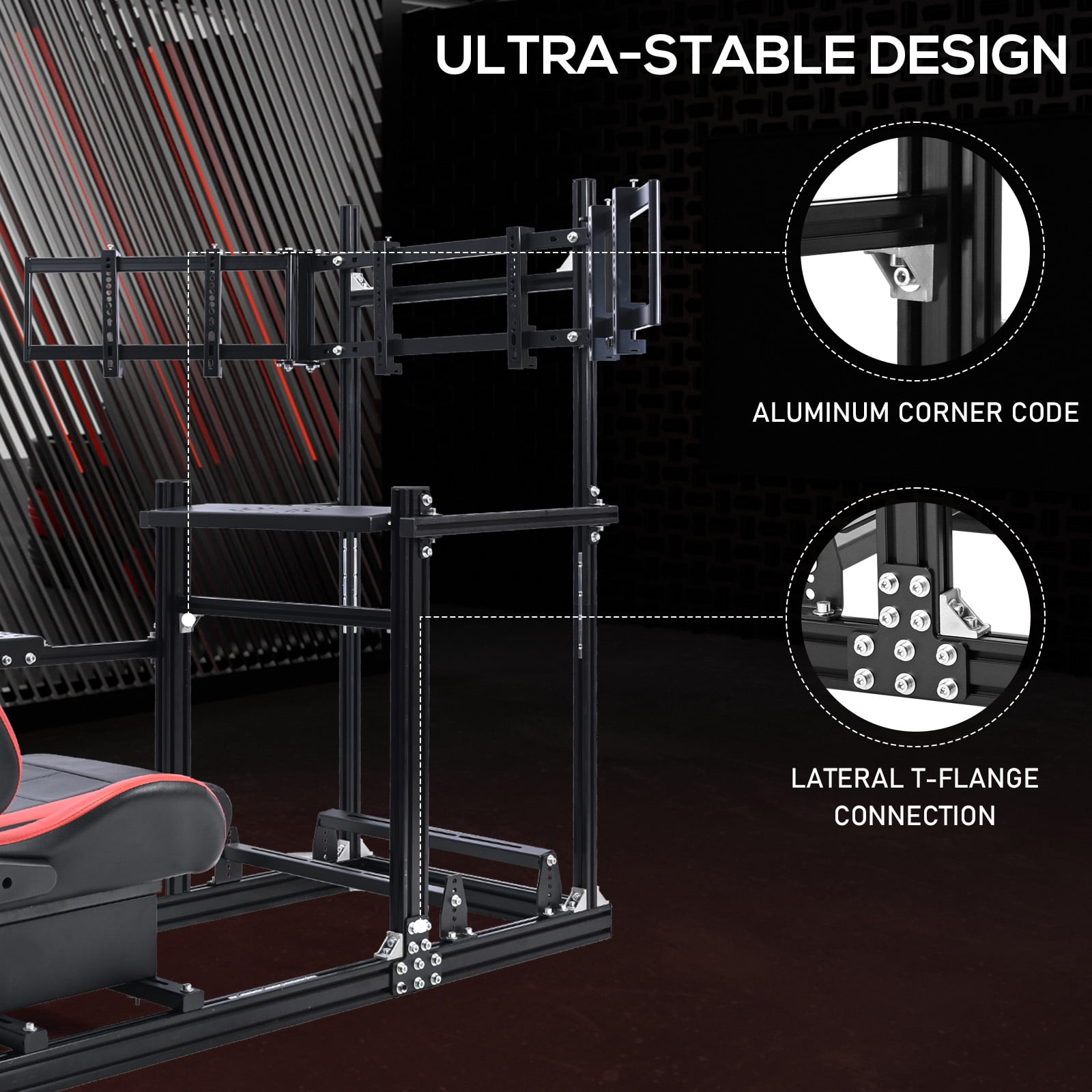 Supllueer Aluminum Racing Simulator Cockpit with Adjustable Seat and Triple Monitor Stand (Black) ve1yv