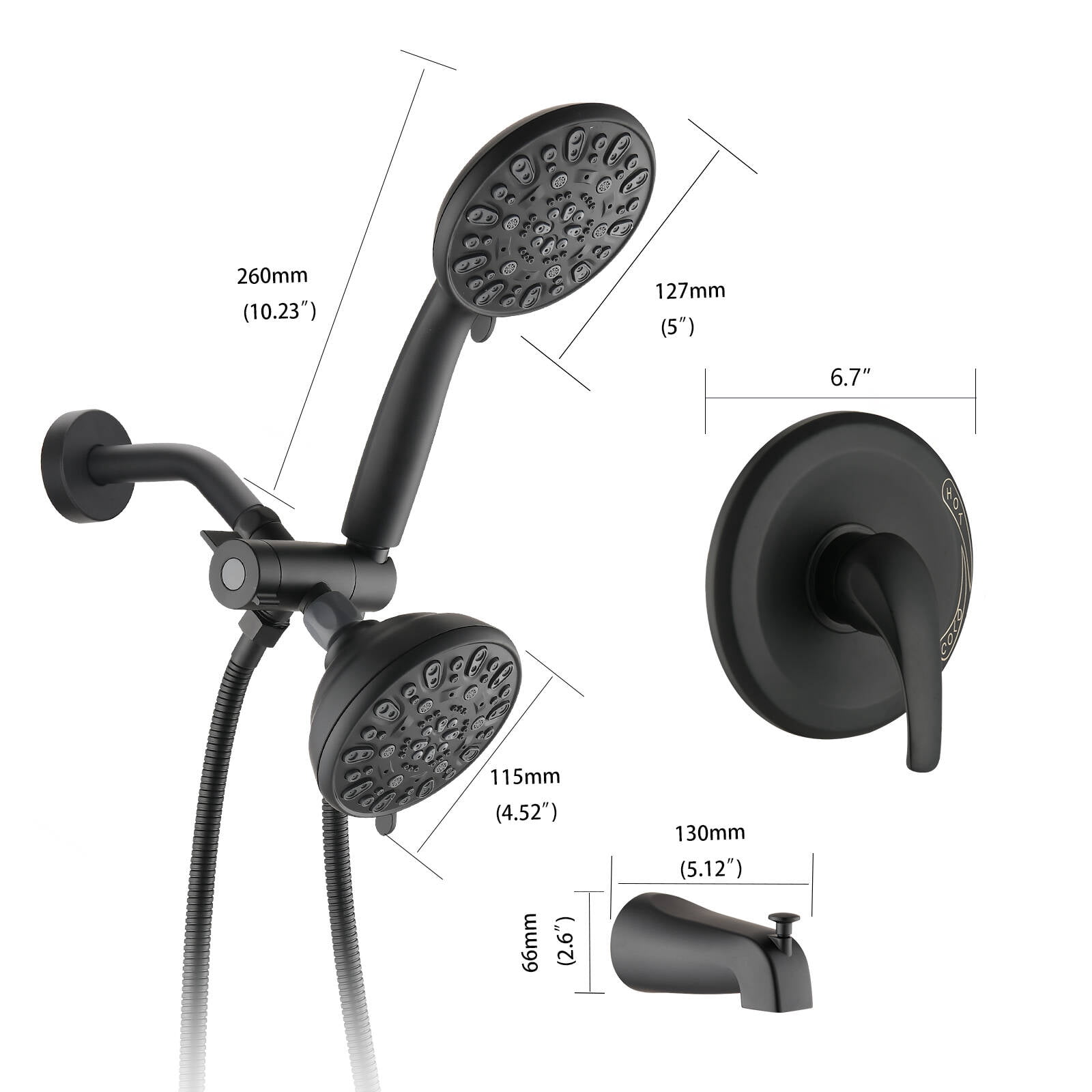 PROOX High Pressure Dual 2-in-1 Rain Shower Head and Handheld Combo Set with Bathtub Spout (Black, 5 in) dp801