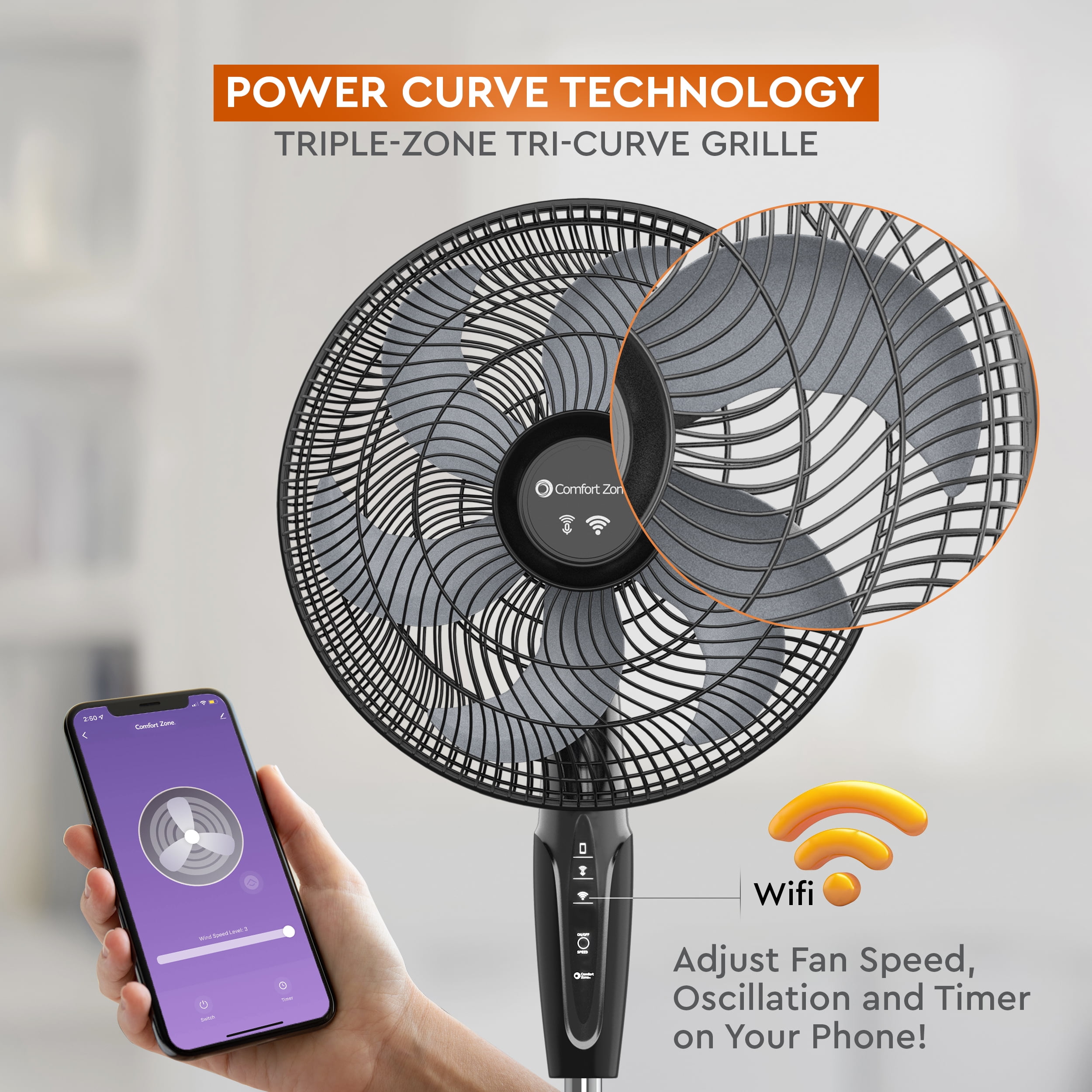 Comfort Zone 18 in. Oscillating Stand Fan (Black, 53 in Height) mjkk6