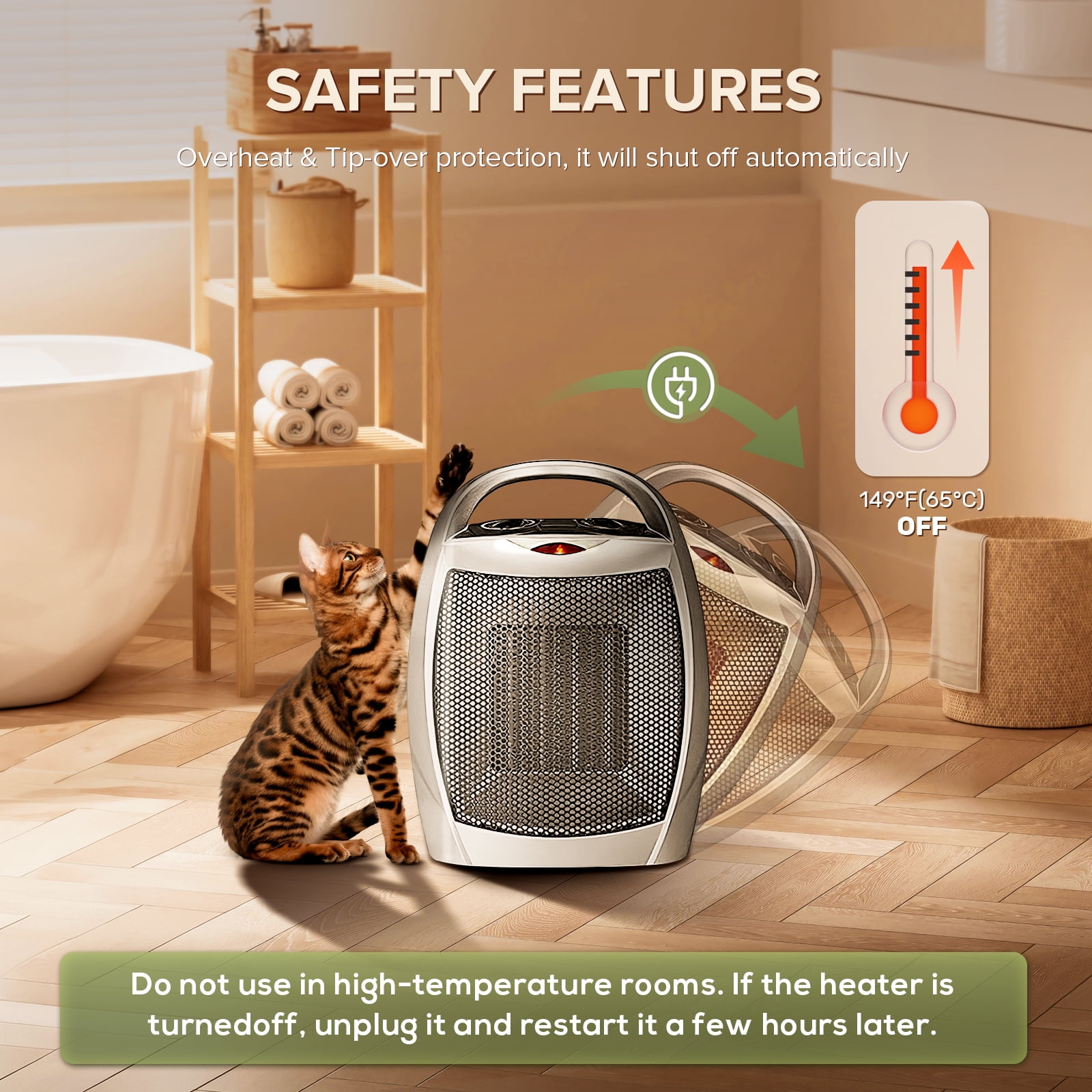 Electactic Ceramic Space Heater, Portable Electric Fan with Adjustable Thermostat and Overheat Protection (Silver, 9.45 in x 7.28 in x 5.31 in) m97y2