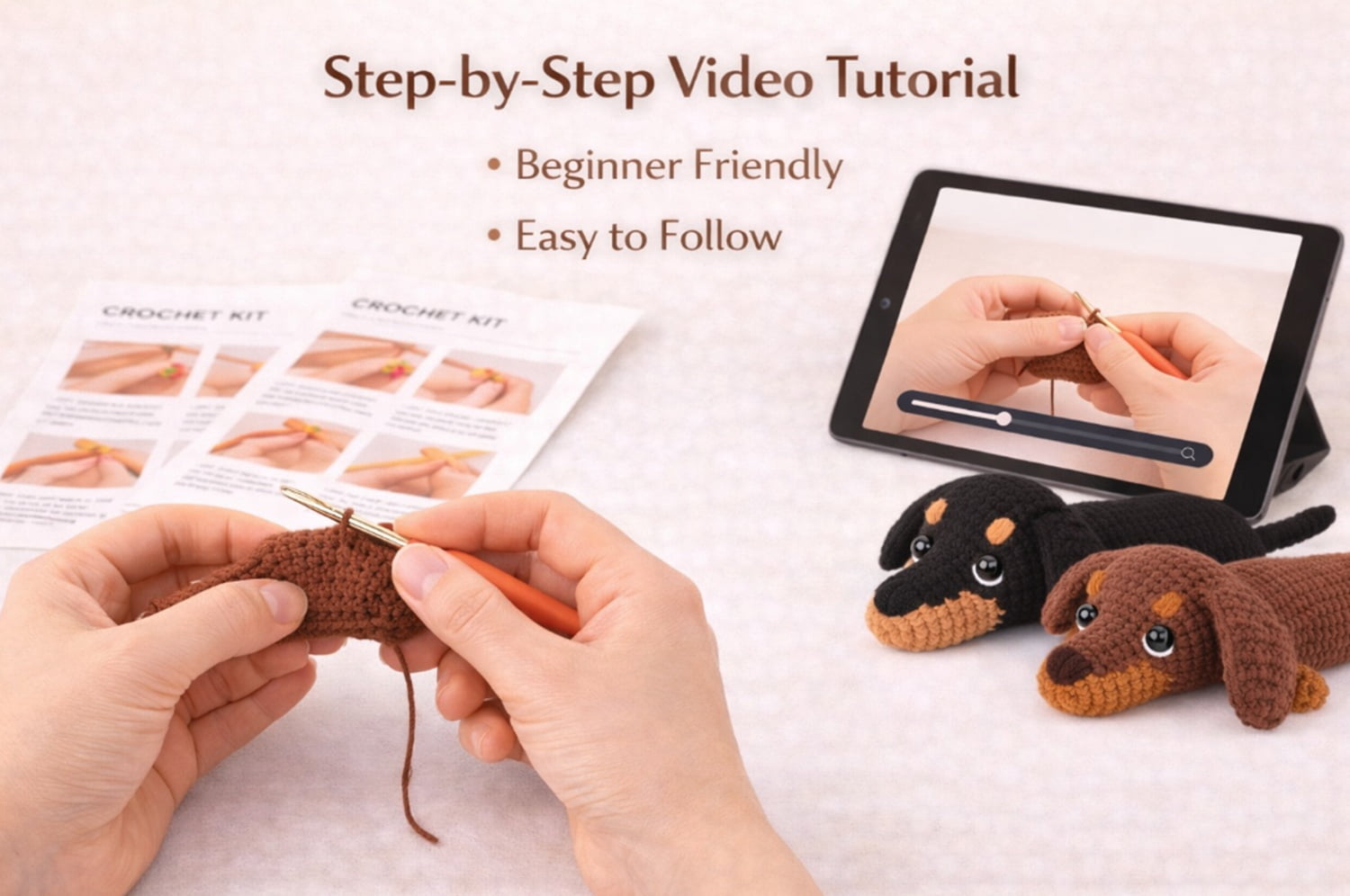 TIKA Dachshund Crochet Kit for Beginners, Dog Amigurumi Starter Set with Video Tutorials (2 Pack) fpcjn