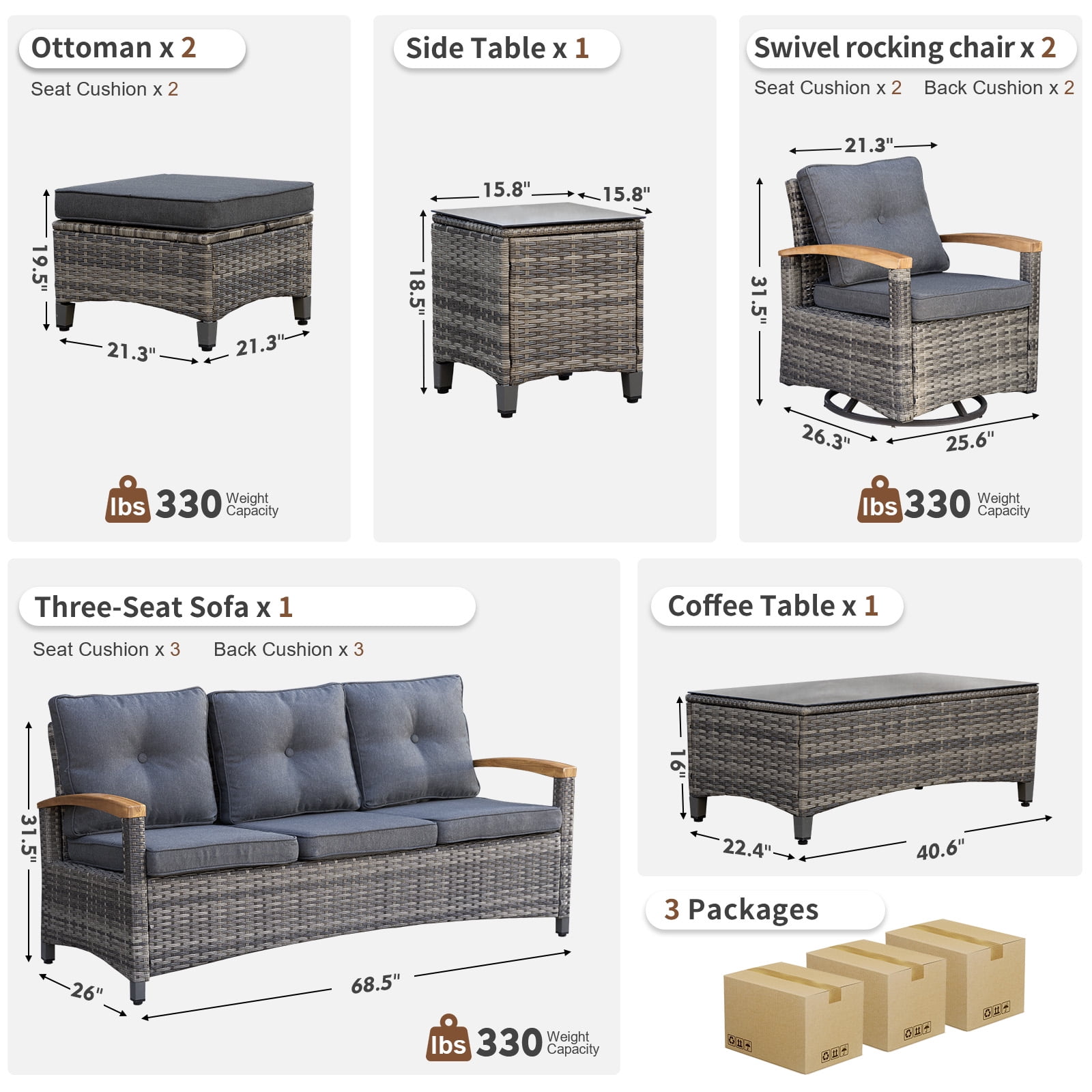 MEISSALIVVE 7-Piece Patio Furniture Set, Outdoor Rattan Conversation Set with Swivel Rocker Chairs and 3-Seat Sofa (Gray, 7-Piece Set) 6w9aq