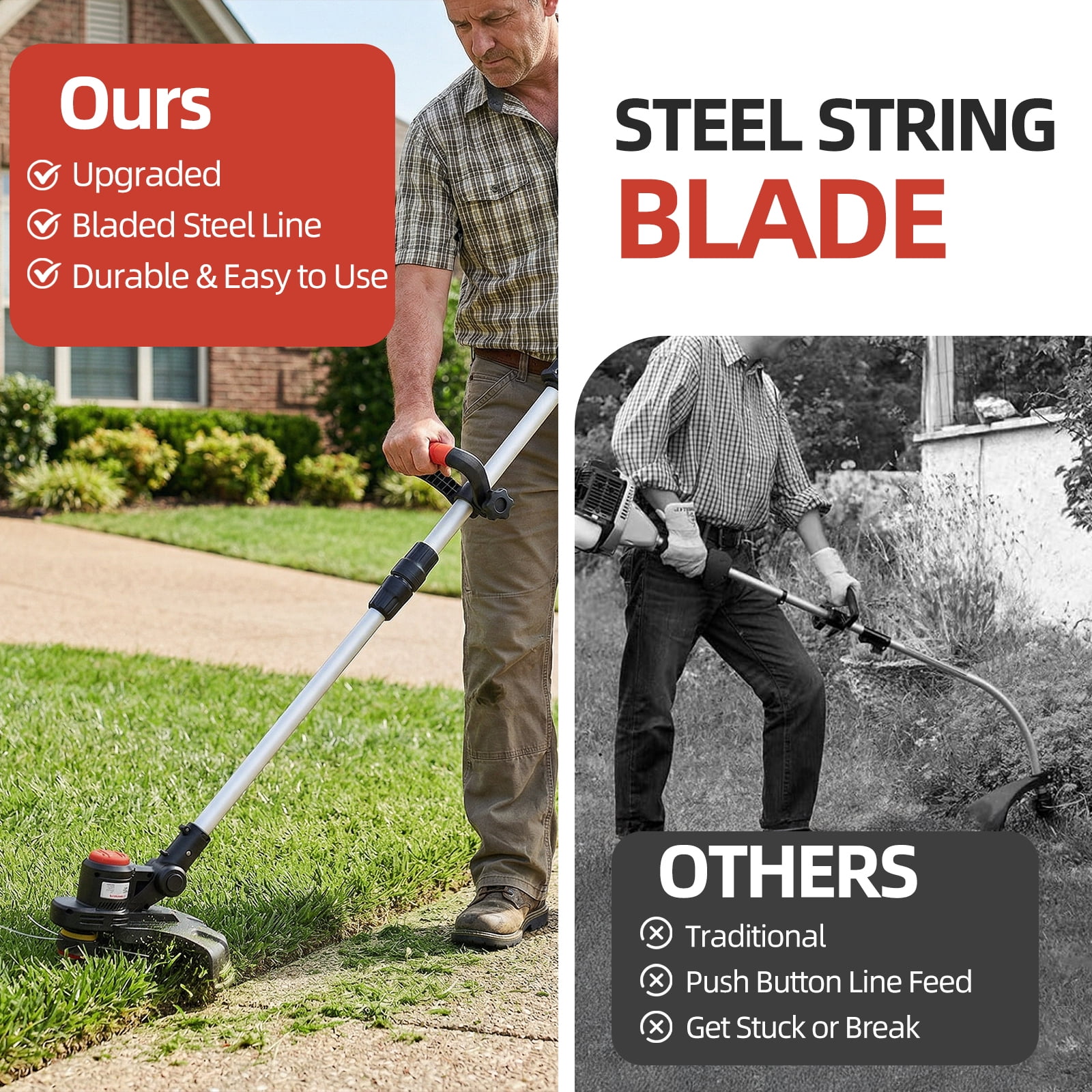 Paddsun Cordless Electric Weed Wacker, 21V Brushless Grass Trimmer & Edger with 2 Batteries (Red, 9 in) r85u8