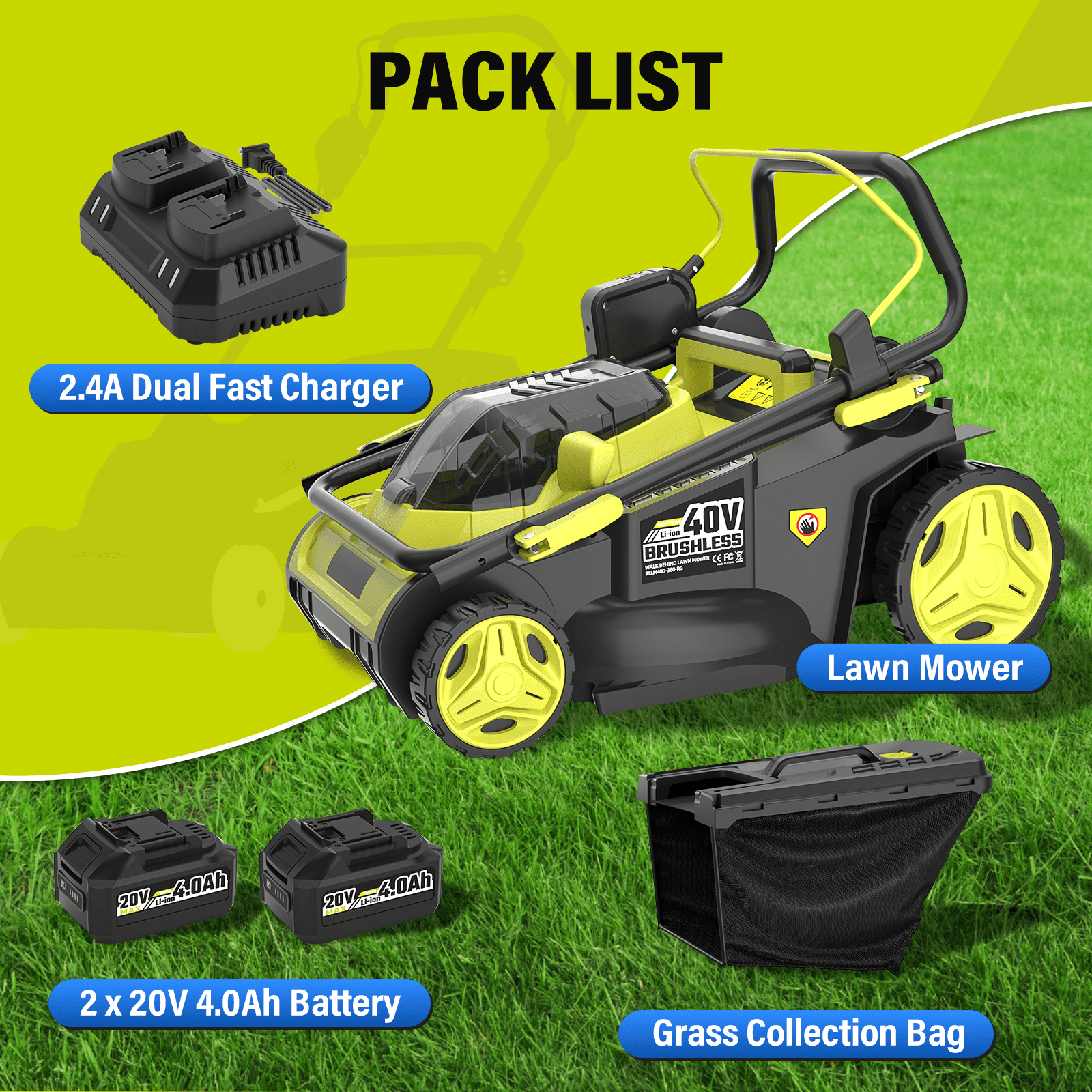 Greenworks 40V 16-inch Cordless Push Lawn Mower, Battery Powered Electric Mower with Dual 4.0Ah Batteries and Charger (Green, 16 in) bv9qi