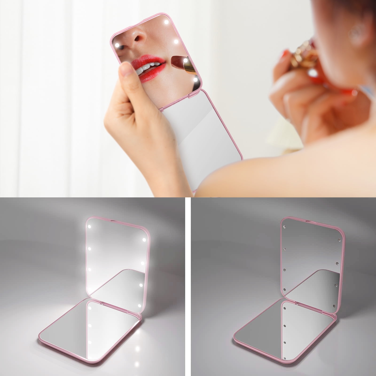 Huauo LED Compact Travel Makeup Mirror, 1X/3X Magnification Portable Pocket Mirror (Pink, 3.5 in) 7nzzc