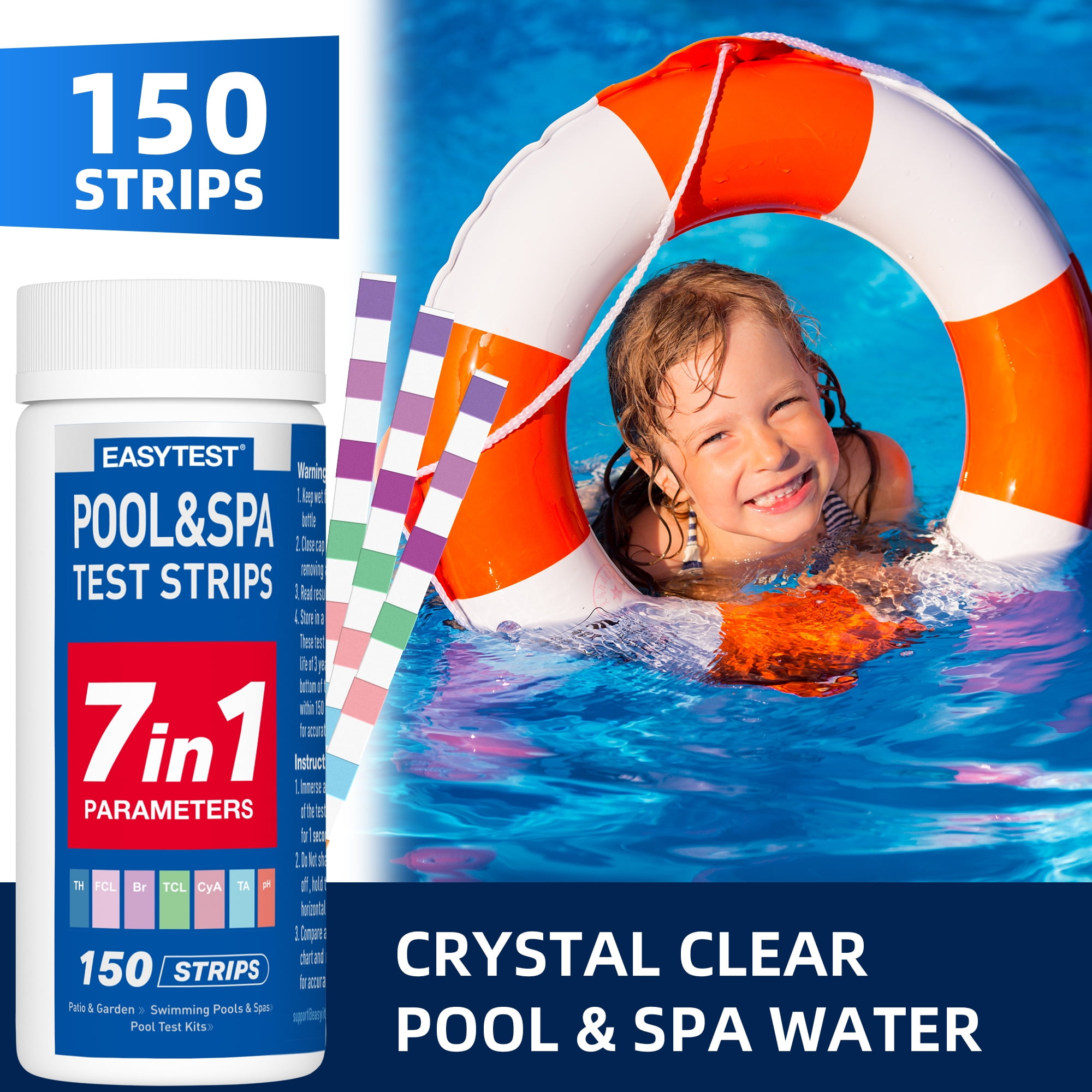 EASYTEST 7-in-1 Pool and Spa Water Quality Test Strips, Accurate pH, Chlorine, and Hardness Testing (150 Strips) 73srx