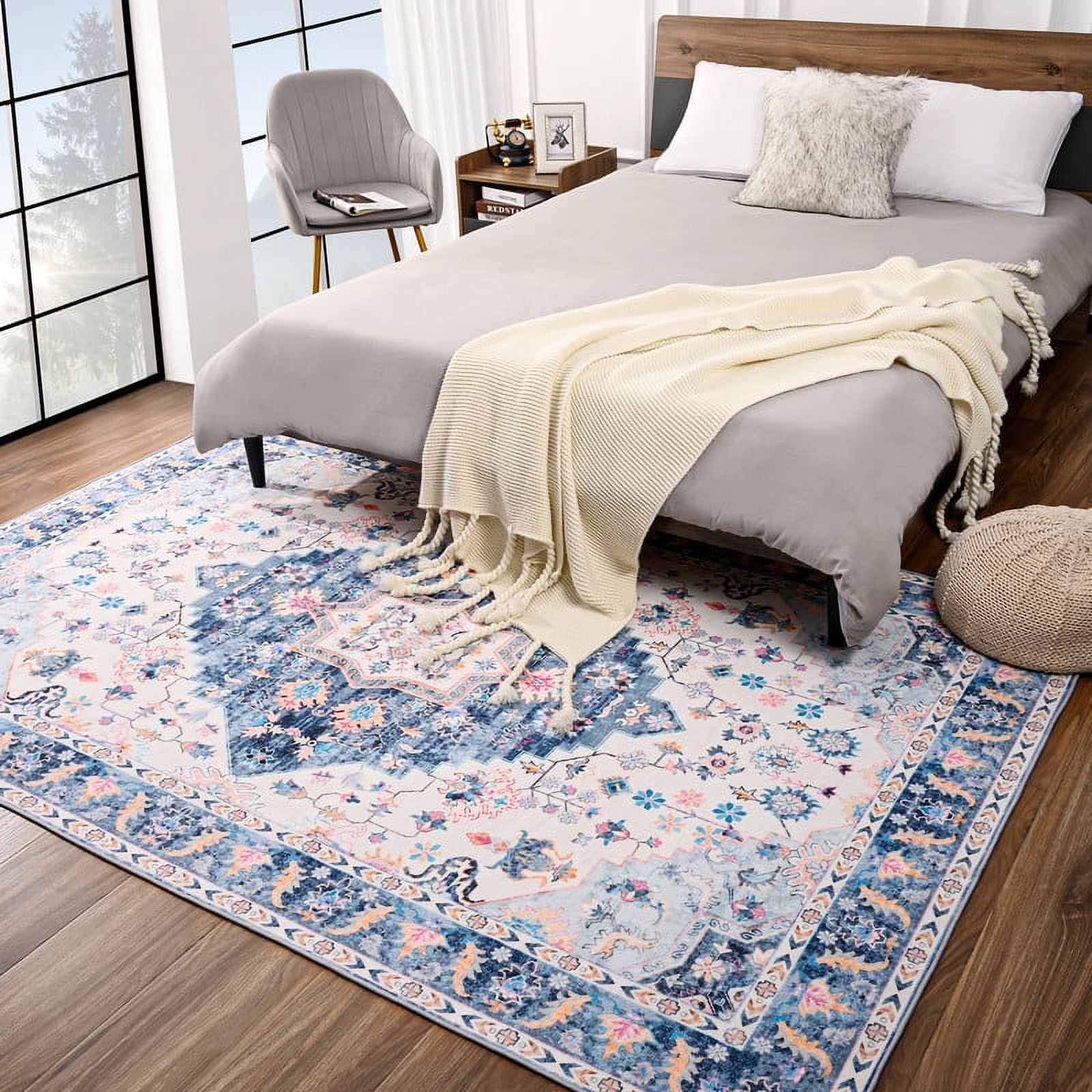 TWINNIS Vintage Boho Area Rug, Washable Non-Slip Floral Carpet for Living Room and Bedroom (Blue, 4 ft x 6 ft) 4glbv