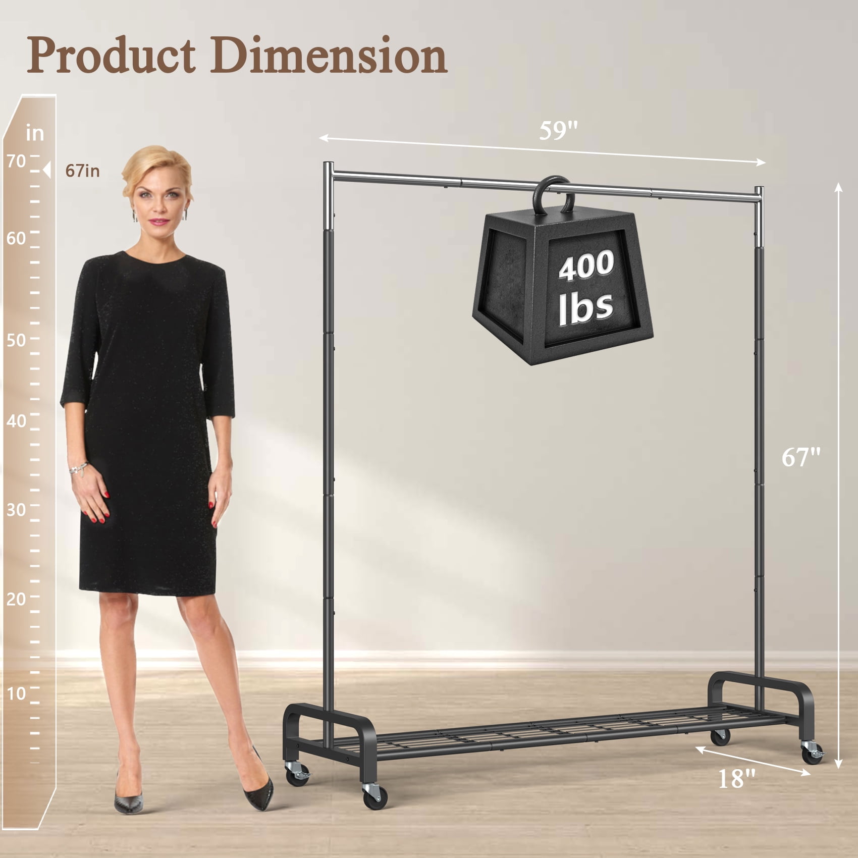 Mr IRONSTONE Heavy Duty Rolling Clothes Rack with Shelves, Portable Garment Organizer (Black, 400 lb) 47hdr