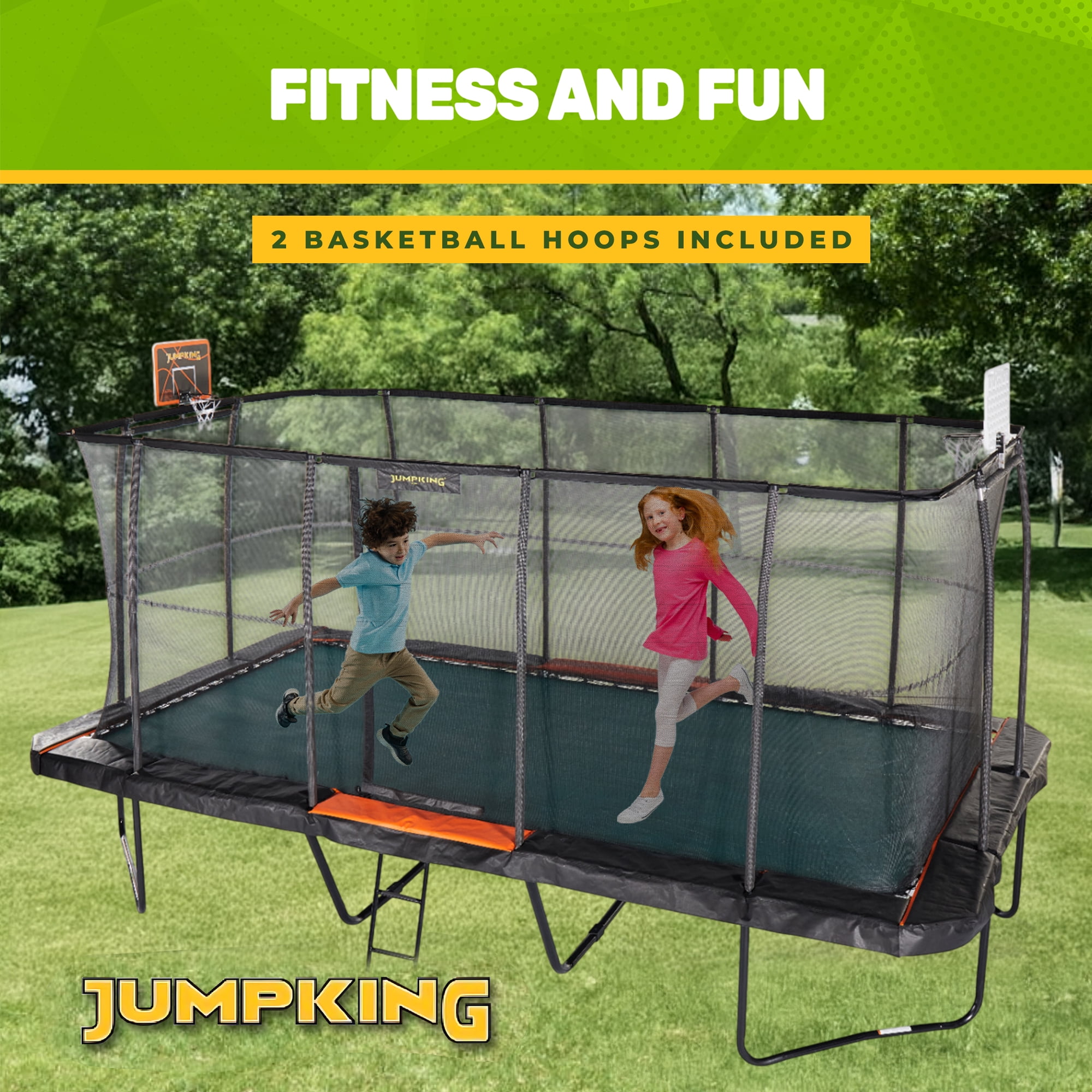 JumpKing 10 ft x 18 ft Rectangular Trampoline with 2 Basketball Hoops and Ladder (Black, 10 ft x 18 ft) cjfhf