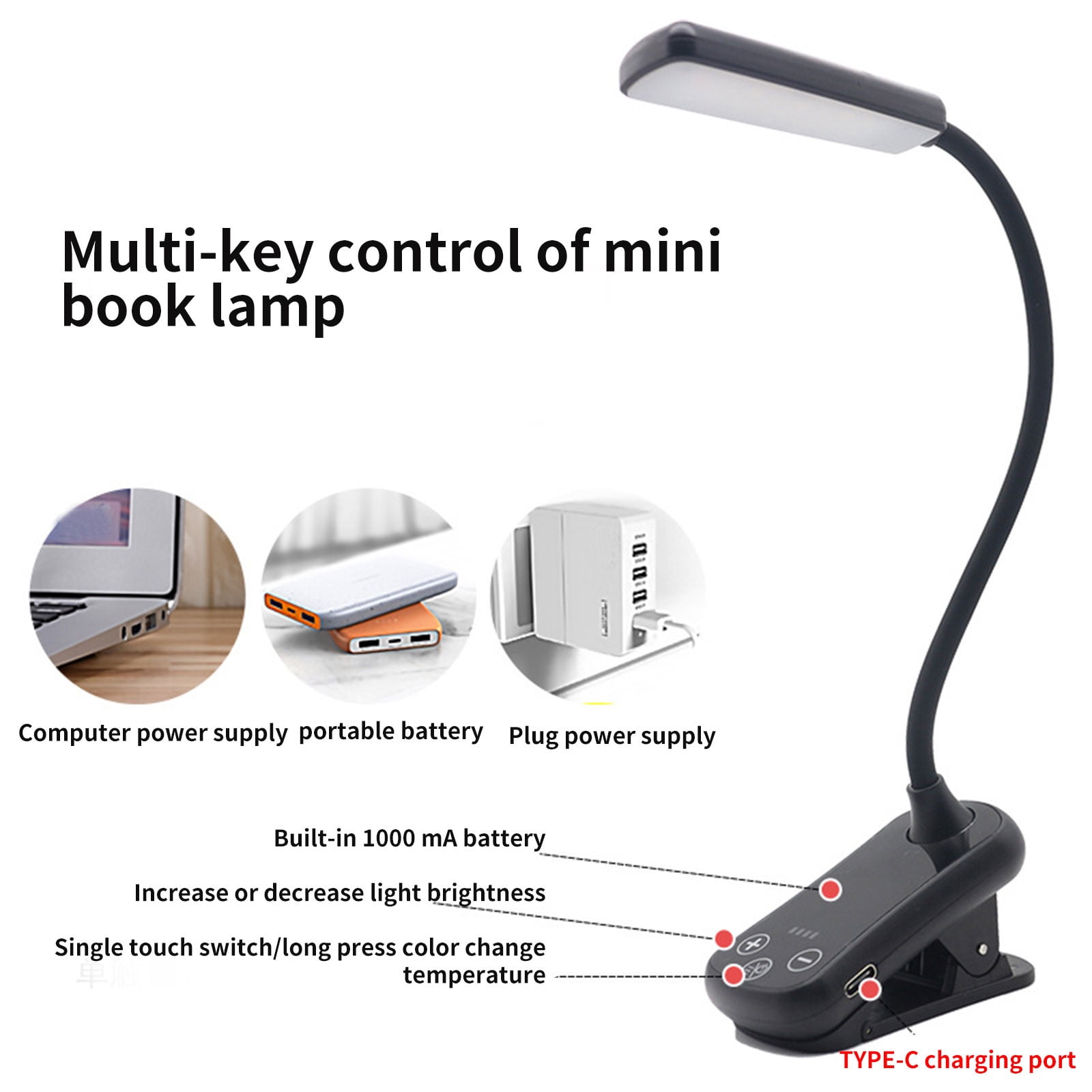 SGCYLOWQ LED Rechargeable Reading Light, Clip-on Book Lamp for Bed Headboard (Black, 1 Pack) 9dp1r