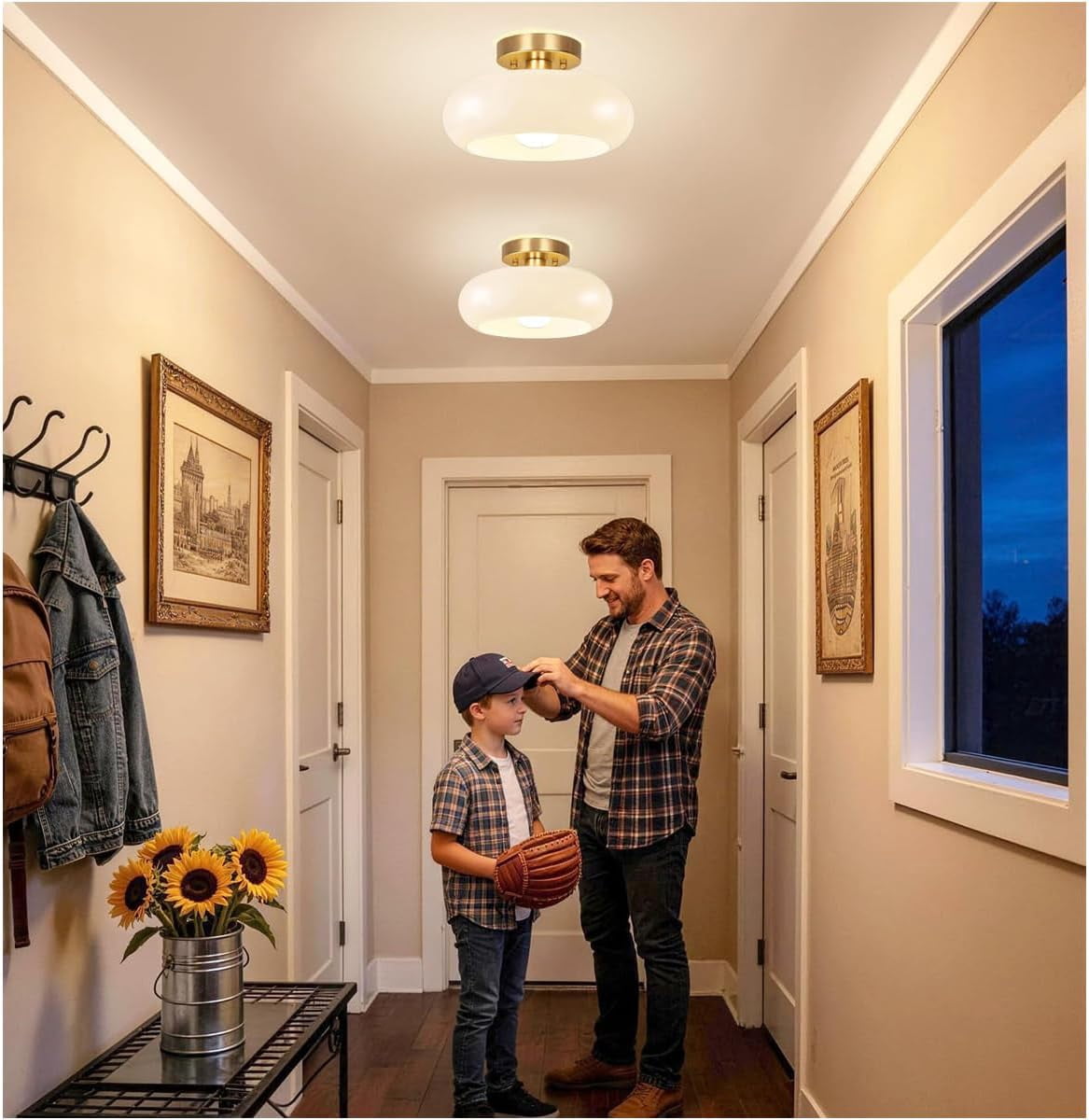Jolydoly Mid-Century Modern Semi Flush Mount Ceiling Light, Gold Fixture with White Milk Glass Shade (11 in) mpivc