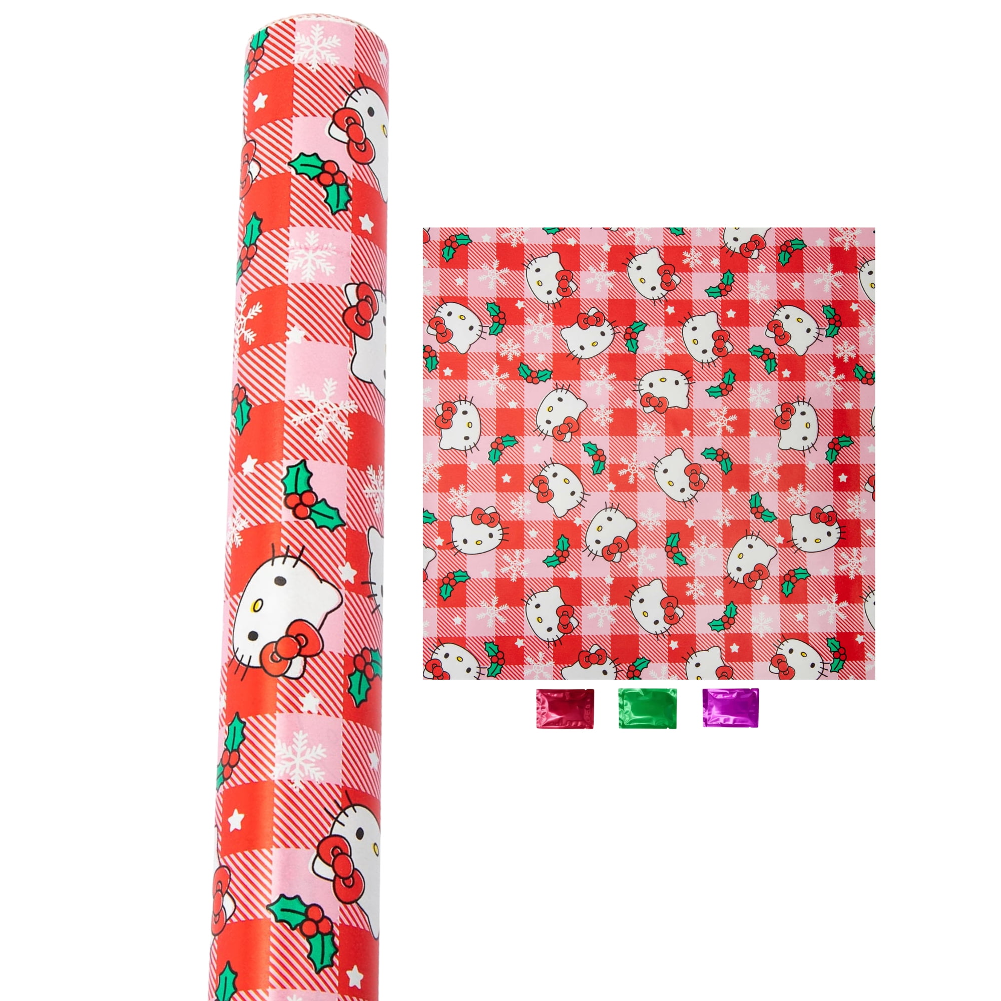 Greenbrier International Hello Kitty Christmas Wrapping Paper, Festive Red Plaid Gift Wrap for Holidays and Birthdays (50 sq ft) mwlfx