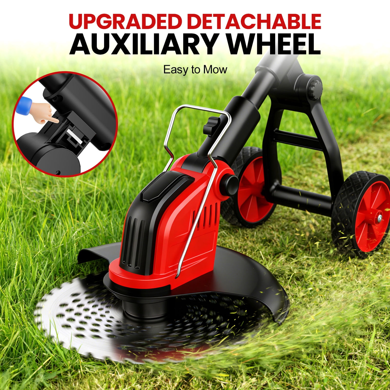 Tanbaby Electric Weed Wacker Cordless Grass Trimmer with Wheels and 4 Blades (Red, 12 in) 6mn2f