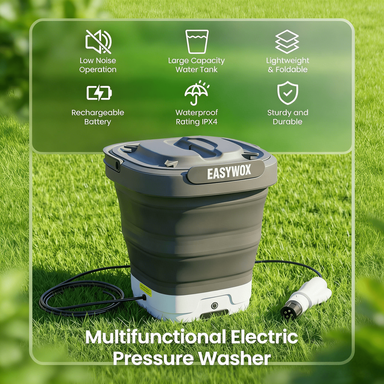 EasyWox Cordless Electric Pressure Washer, Portable Foldable Power Cleaner with 3.2 gal Tank (290 PSI, 4-in-1 Nozzle) 5sqax