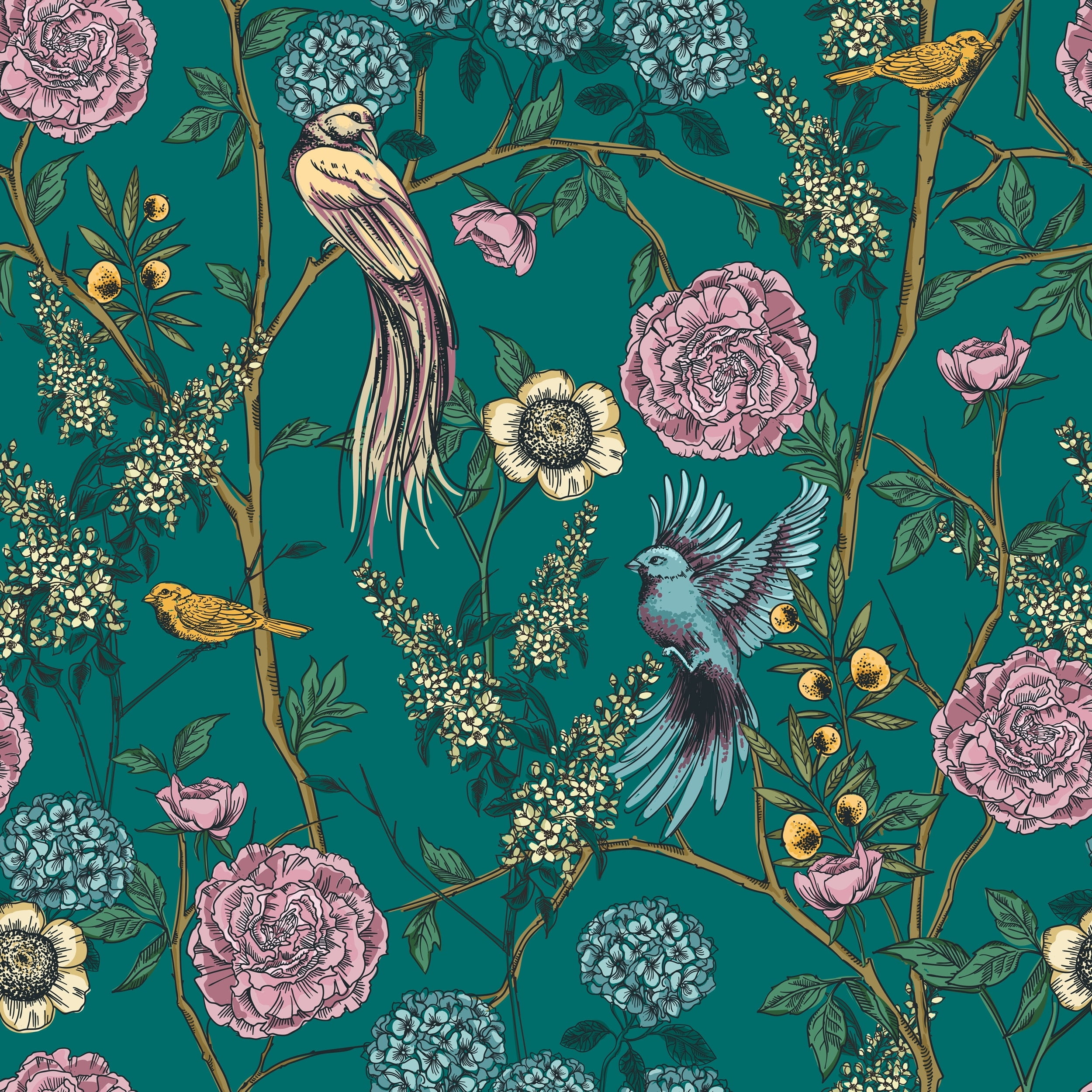 MuralsPrint Pine Floral and Birds Peel and Stick Wallpaper (Green, 10 ft x 24 in) rjkxz