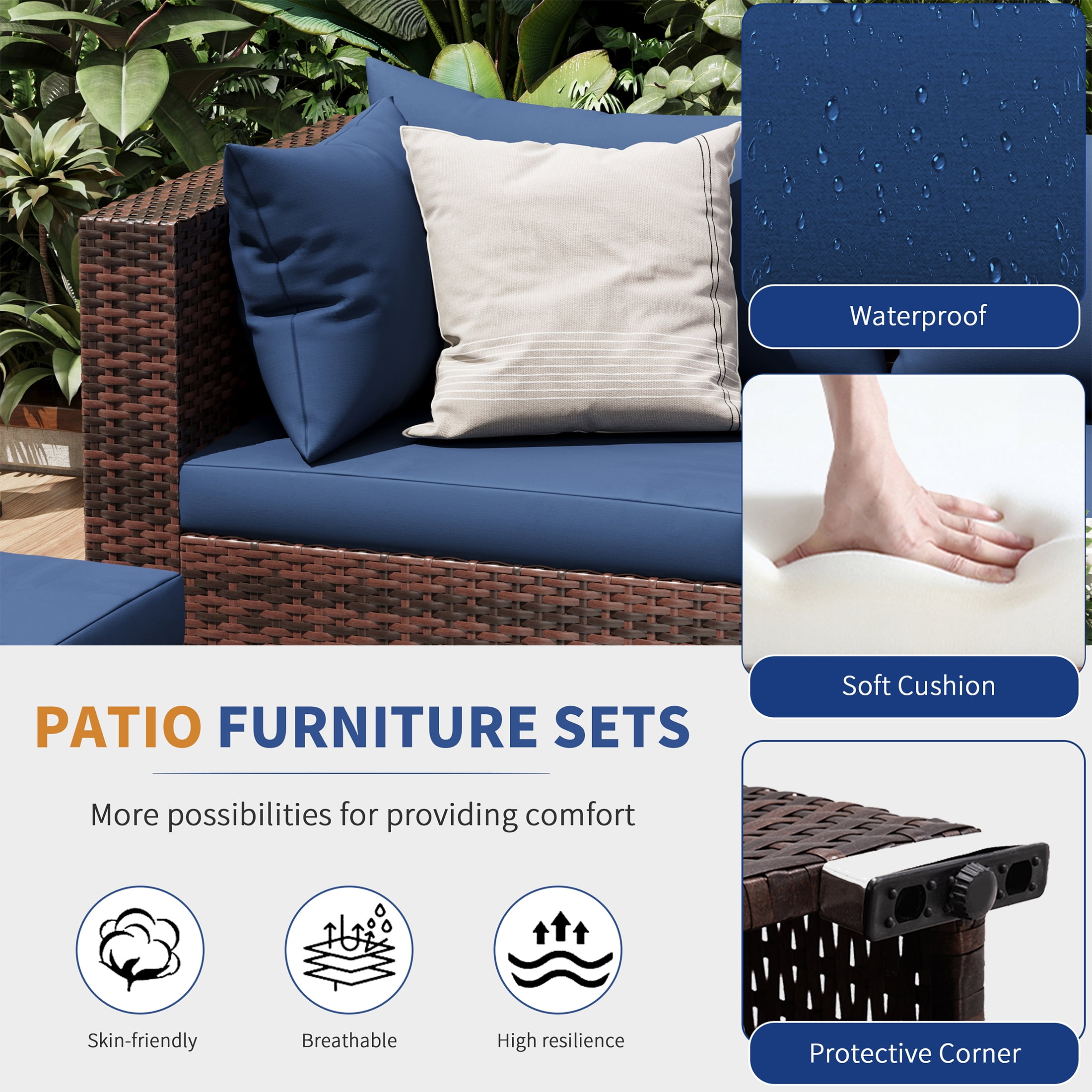 UDPATIO 7-Piece Wicker Modular Sectional Outdoor Conversation Set with Glass Coffee Table (Blue) 9nbg0 - Image 9
