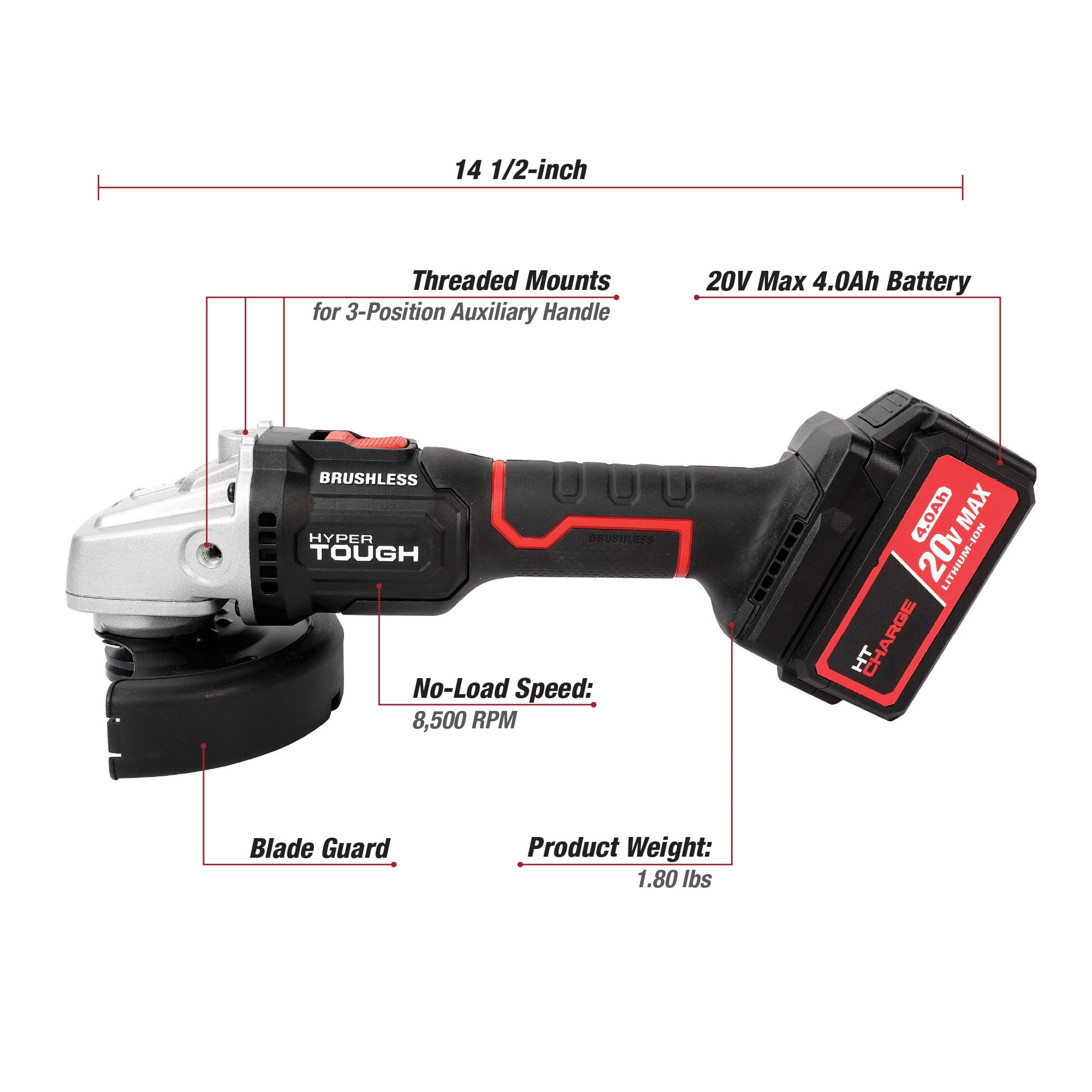 Hyper Tough 20V Max Brushless Cordless Angle Grinder with 4.0Ah Battery and Charger (4.5 in) izxdx