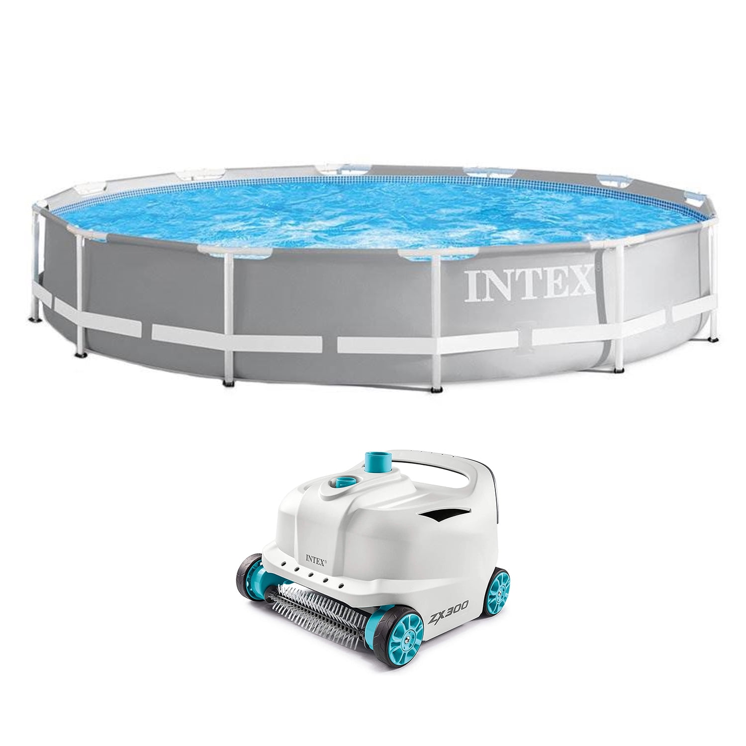 Intex Prism Frame Above Ground Swimming Pool with Automatic Robot Vacuum (Gray, 12 ft x 30 in) uphsx