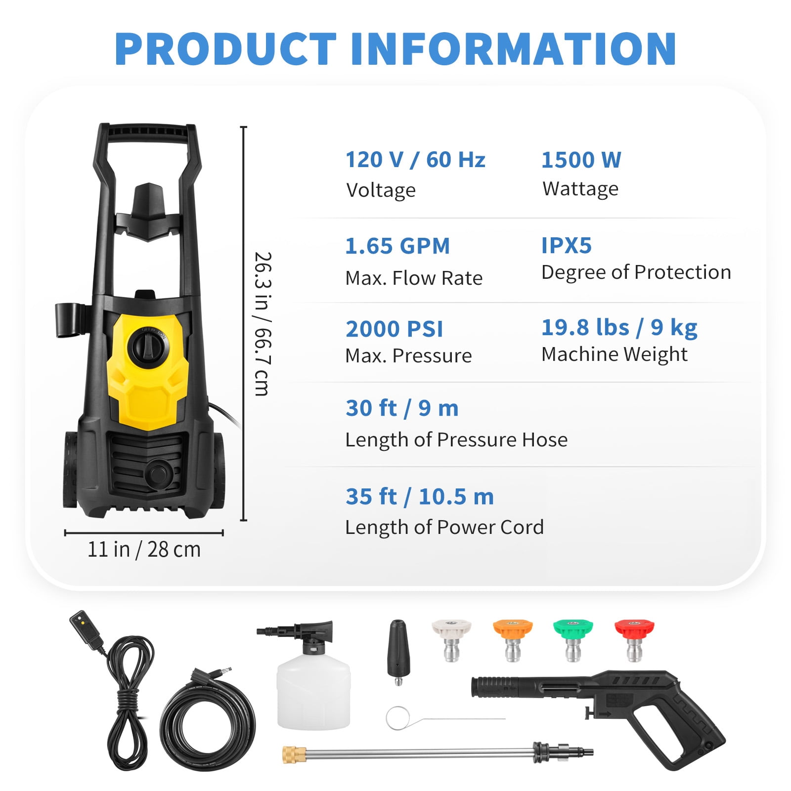 KFFKFF Electric Pressure Washer (2000 PSI, 1.65 GPM, 30 ft Hose, 5 Spray Nozzles) mto86