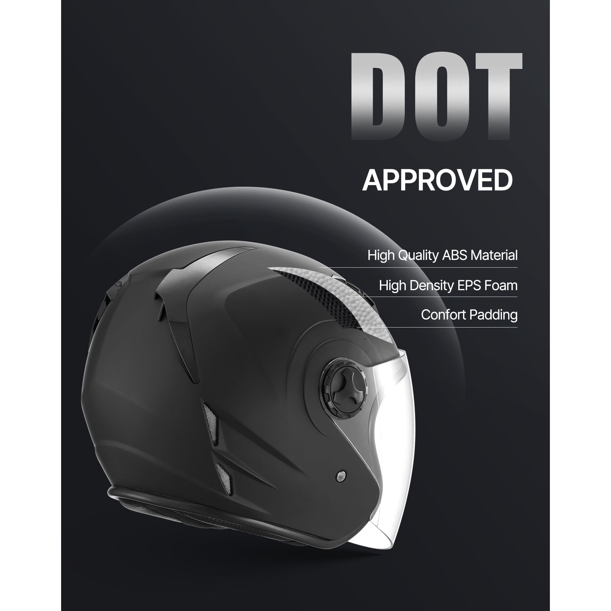 KFFKFF 3/4 Open Face Motorcycle Helmet, DOT Certified Street Riding Gear with Clear Shield and Removable Liner (Matte Black, L) 4gwuv