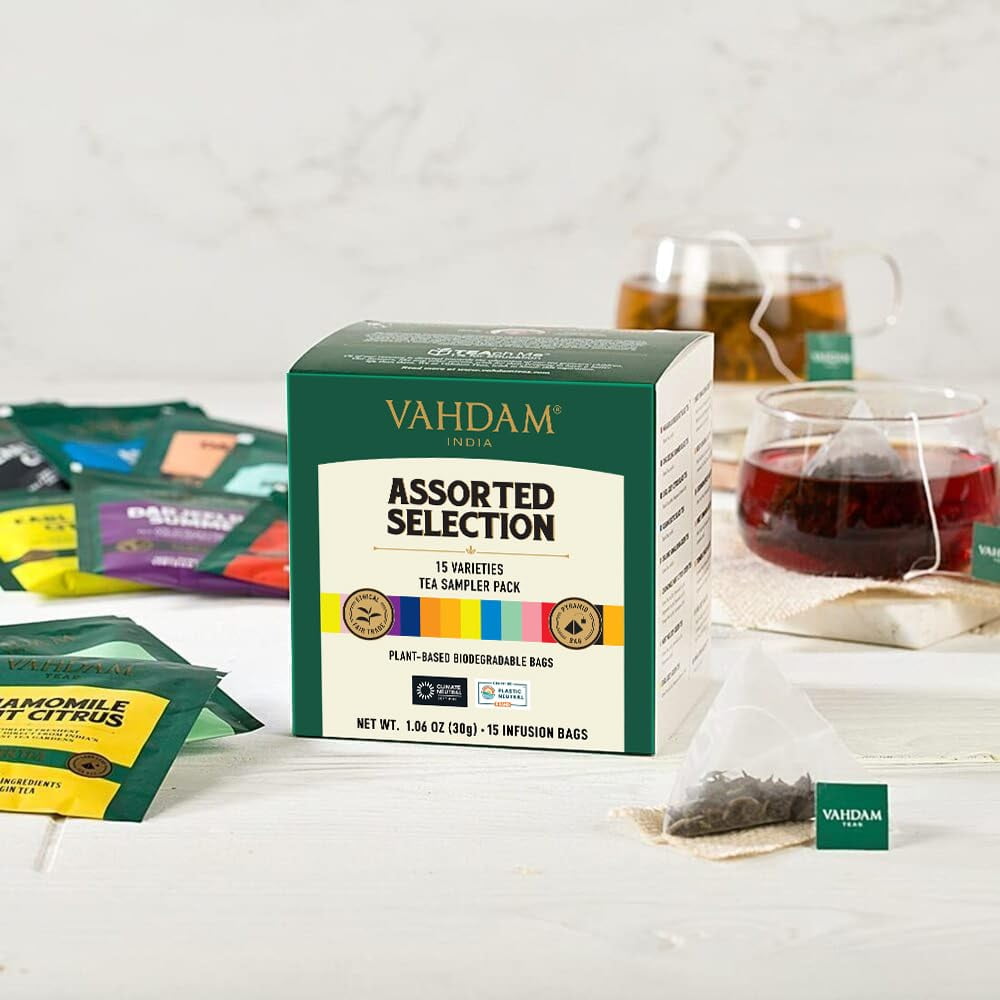VAHDAM Assorted Tea Sampler Gift Set (15 Unique Flavors, Pyramid Tea Bags) vd8ro