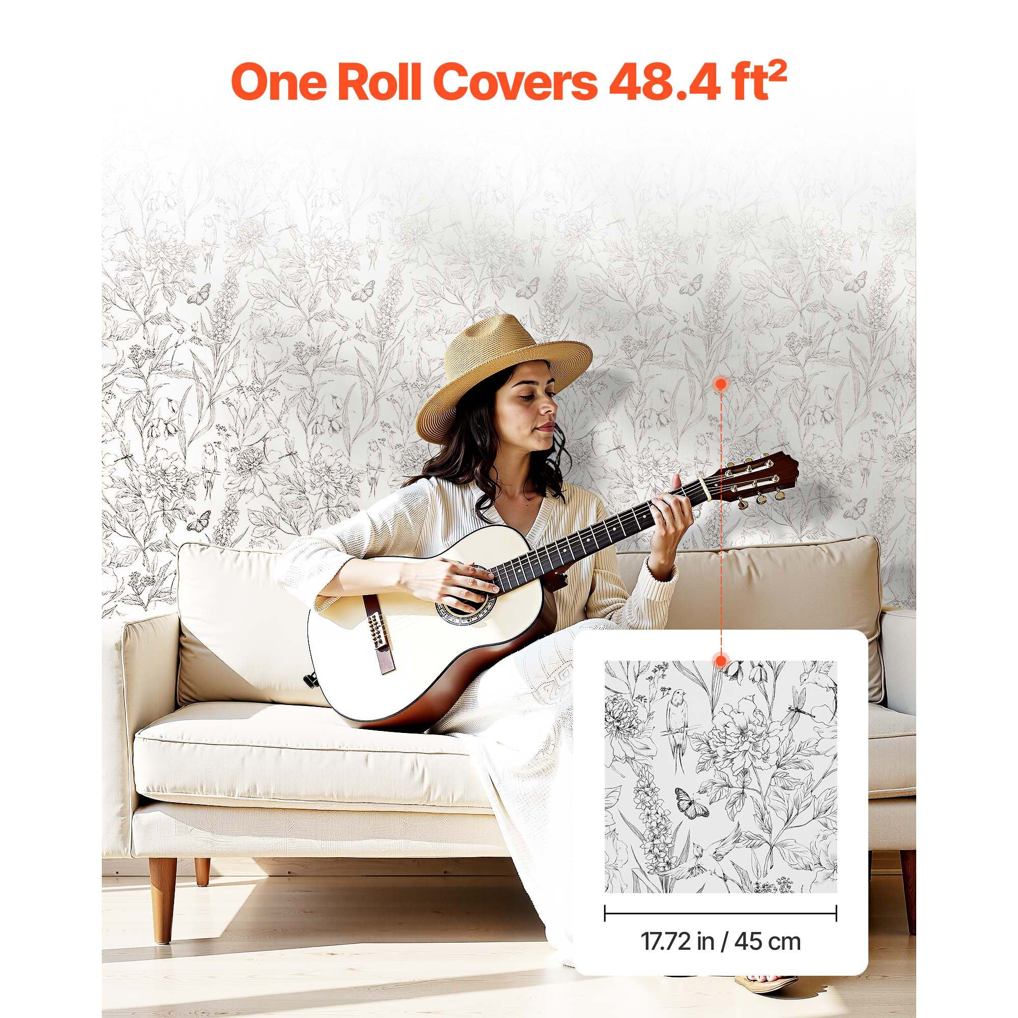 KFFKFF Peel and Stick Wallpaper, Botanical Floral Contact Paper, Waterproof Self-Adhesive Vinyl for Home Decor (White, 17.7 in x 32.8 ft) ok40v