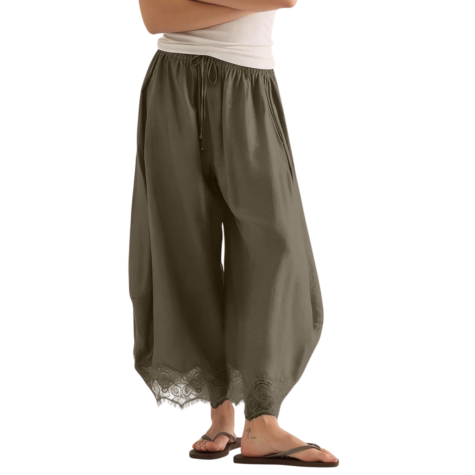YOUNGEE Women's High Waisted Wide Leg Cropped Pants with Lace Hem and Pockets (Army Green, XL) gtg3o