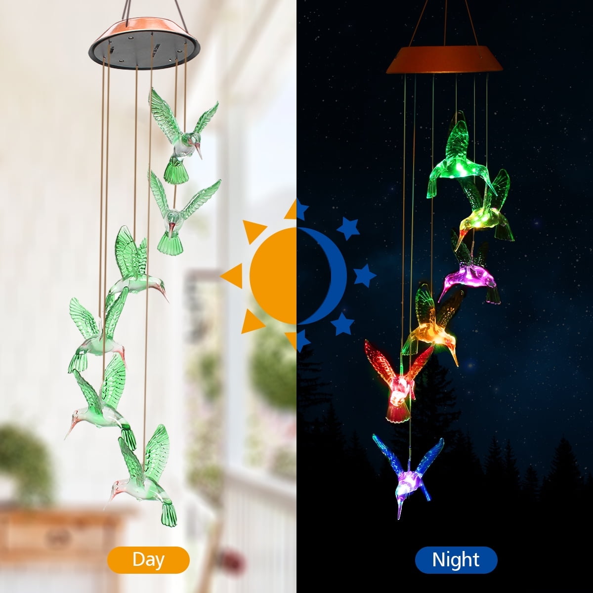 Bshapplus Solar Hummingbird Wind Chimes, Color Changing LED Waterproof Outdoor Hanging Light (1 Pack) 65wrk
