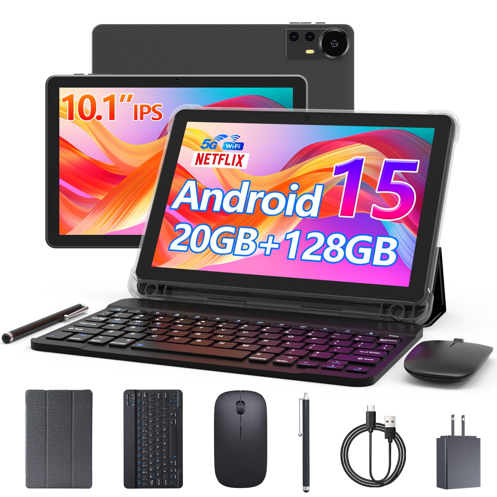 CUPEISI Android 15 Tablet 10.1 Inch (20GB RAM, 128GB ROM, 2TB Expandable, WiFi 6, Black, 2-in-1 Set with Keyboard, Mouse, Stylus) b6z46