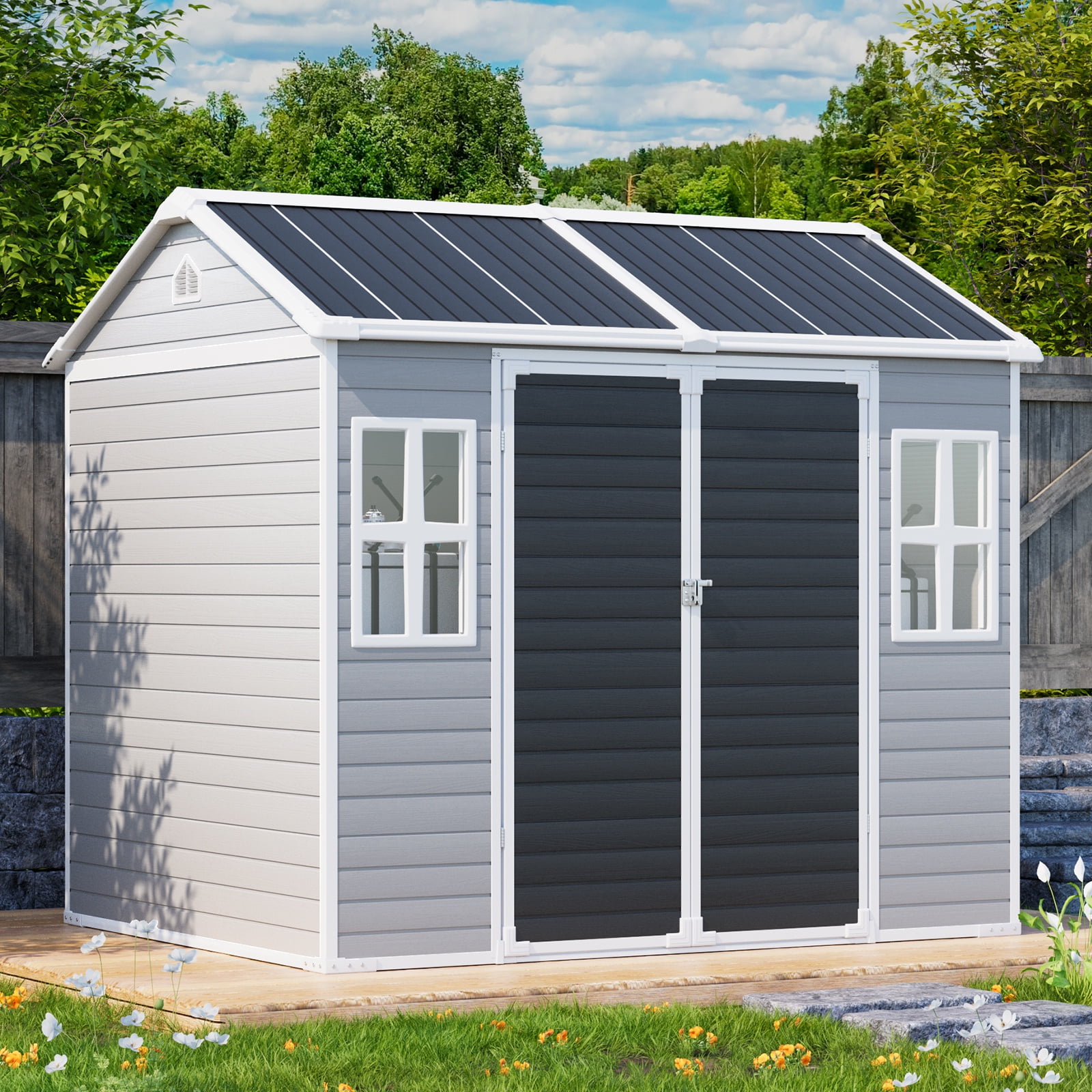 JULY'S SONG Outdoor Storage Shed with Floor, Weather-Resistant Resin Garden Tool House with Lockable Door and Windows (Grey, 8x6 ft) liaf2