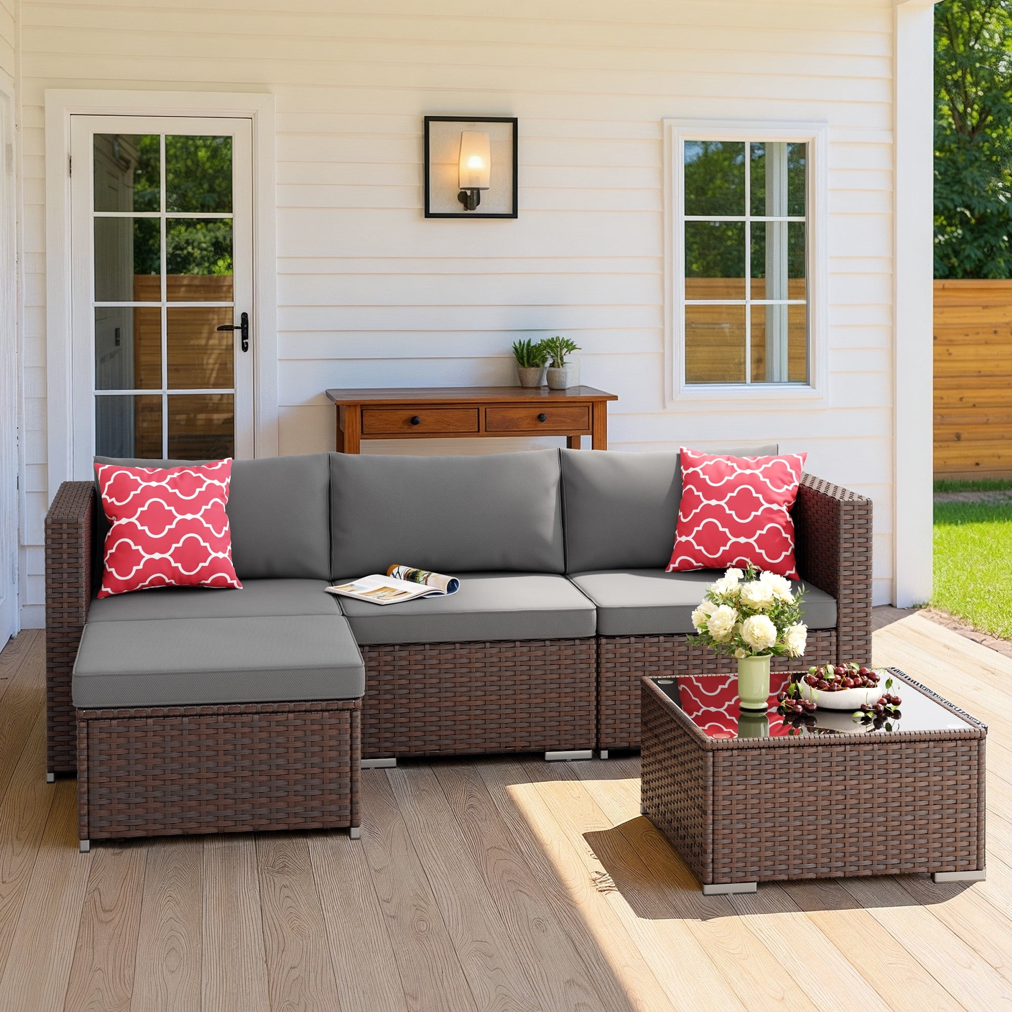 Noelse 5-Piece Wicker Patio Furniture Set, Outdoor Sectional Conversation Sofa with Coffee Table (Gray, 80 in W x 52 in D x 25 in H) 8y75x