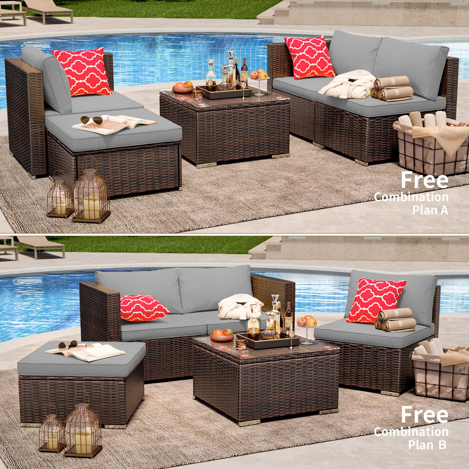 Jolifa 5-Piece Outdoor Wicker Patio Furniture Set with Tempered Glass Table and Cushions (Gray, 5-Piece Set) ihrvp