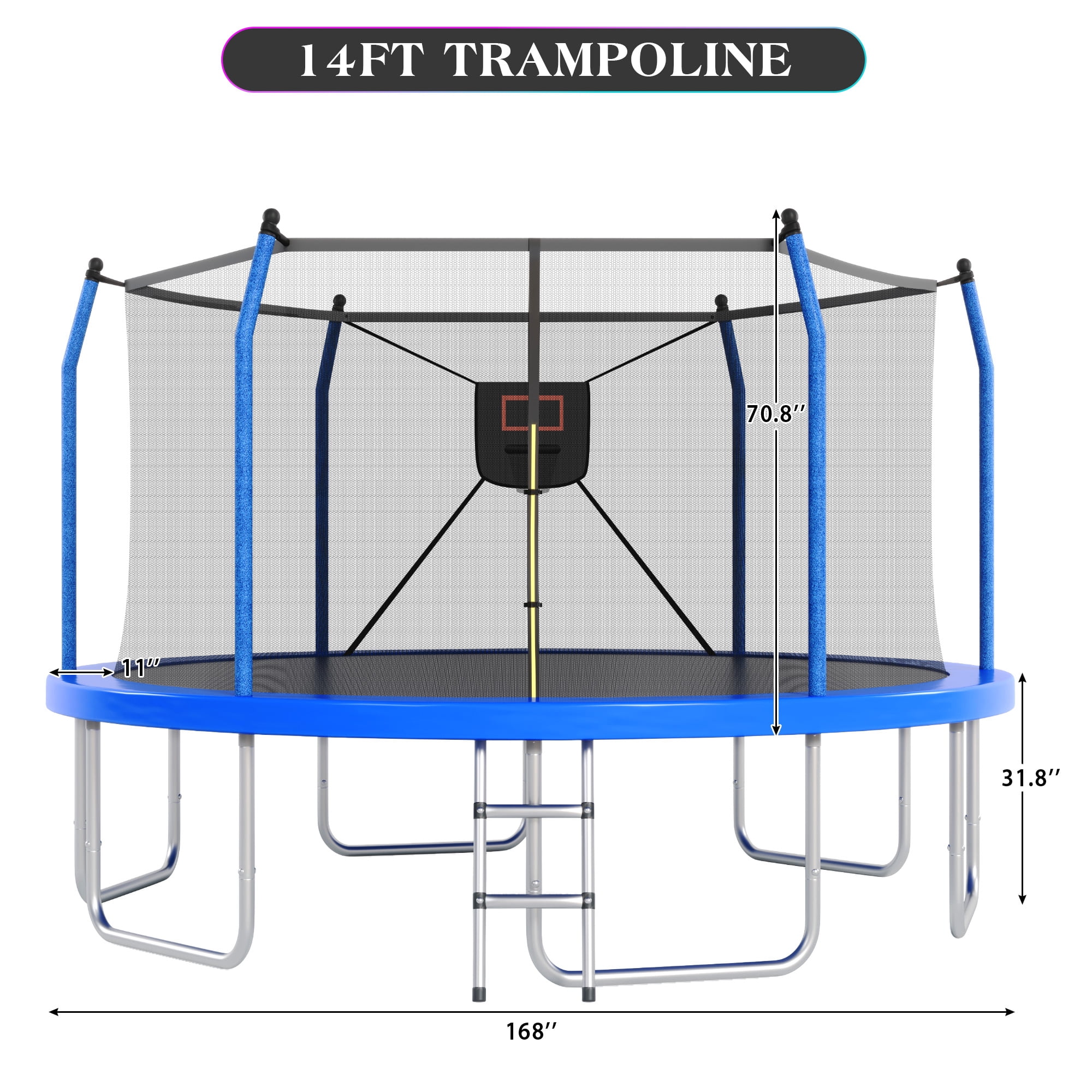 Euroco 14ft Outdoor Round Trampoline with LED Lights, Basketball Hoop, Enclosure Net & Ladder (Blue, 14 ft) 9qv5v