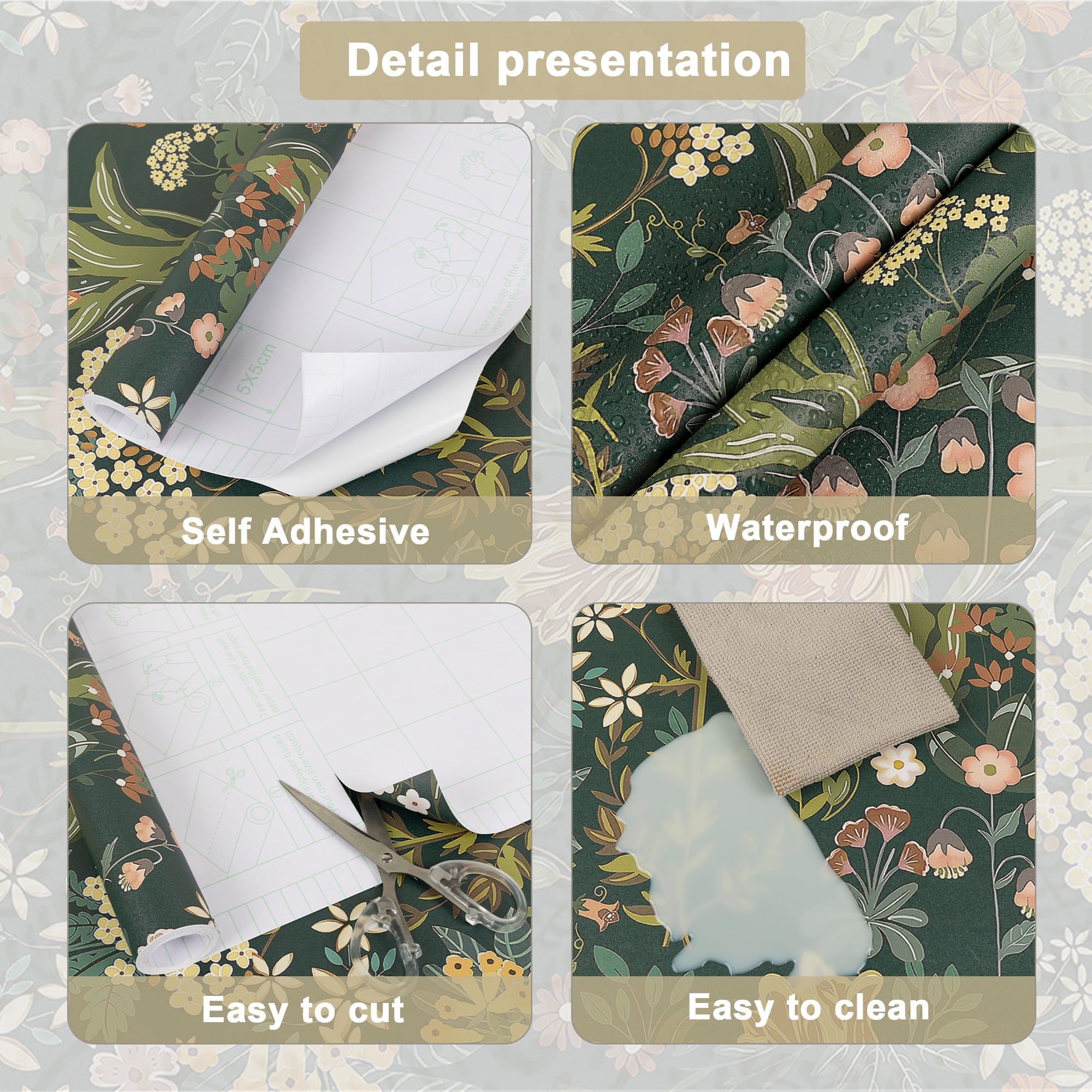 Abyssaly Floral Peel and Stick Wallpaper, Removable Vintage Wall Decor (Green, 17.7-in x 118-in) fg2uc