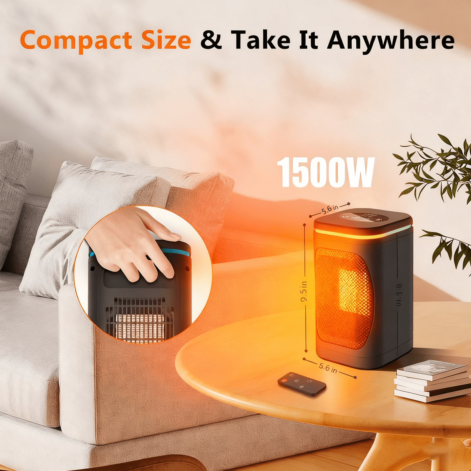 General PTC Ceramic Space Heater, Portable Electric Indoor Heater with Remote Control and Oscillation (Black, 9.5 in) ci21n