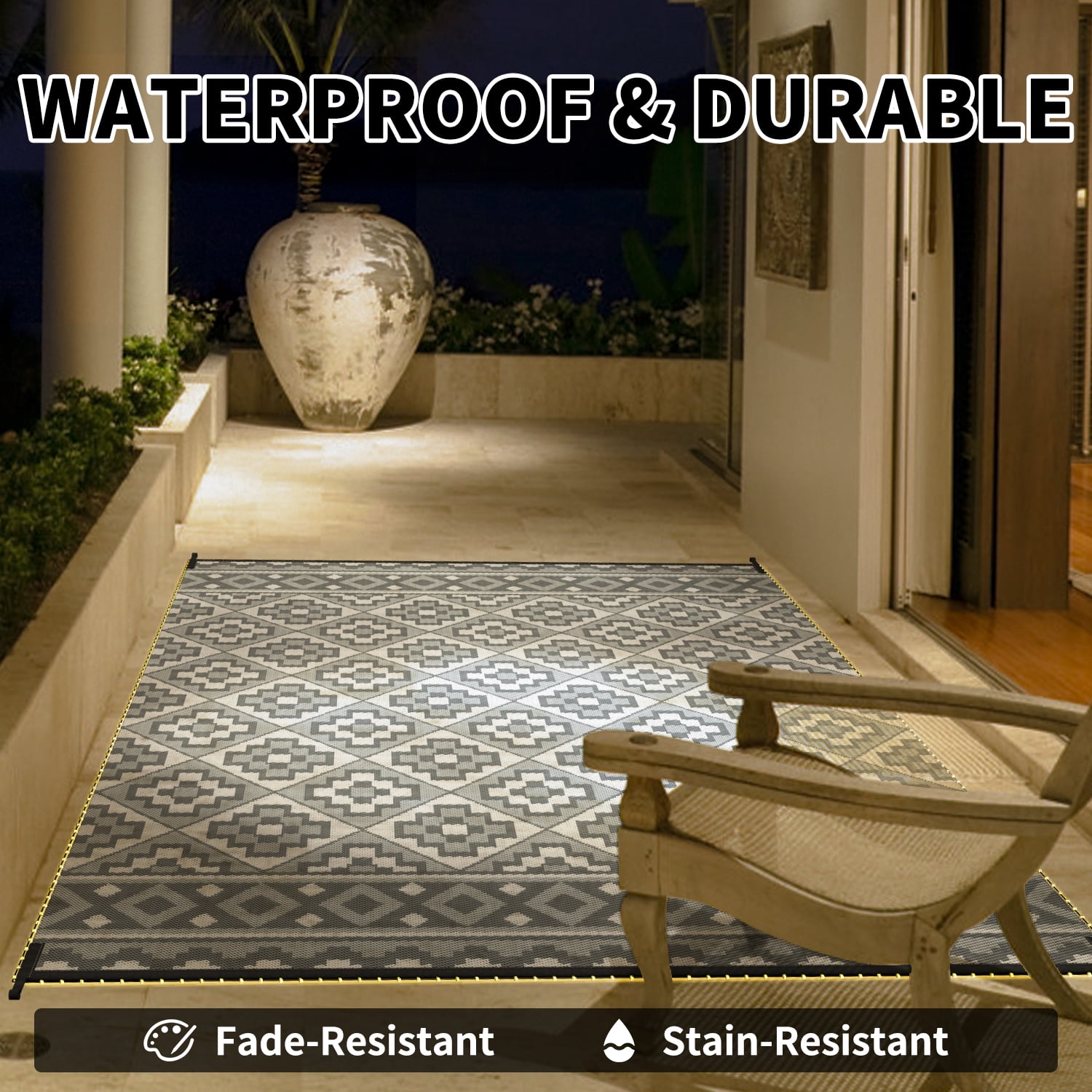 SIXHOME Outdoor Rug with LED Strip Light, Waterproof Reversible Patio Mat for RV Camping and Deck (Light Gray, 9 ft x 12 ft) 904jr