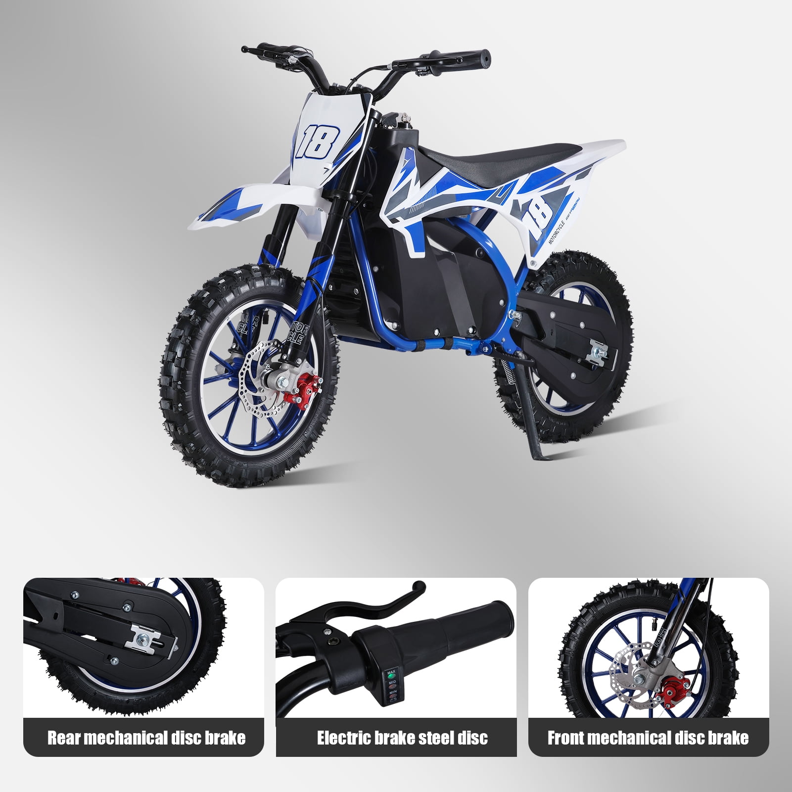 Fompes Electric Dirt Bike for Kids, 3-Speed Off-Road Motorcycle with 250W Motor (Blue, 10 in) ezdpb
