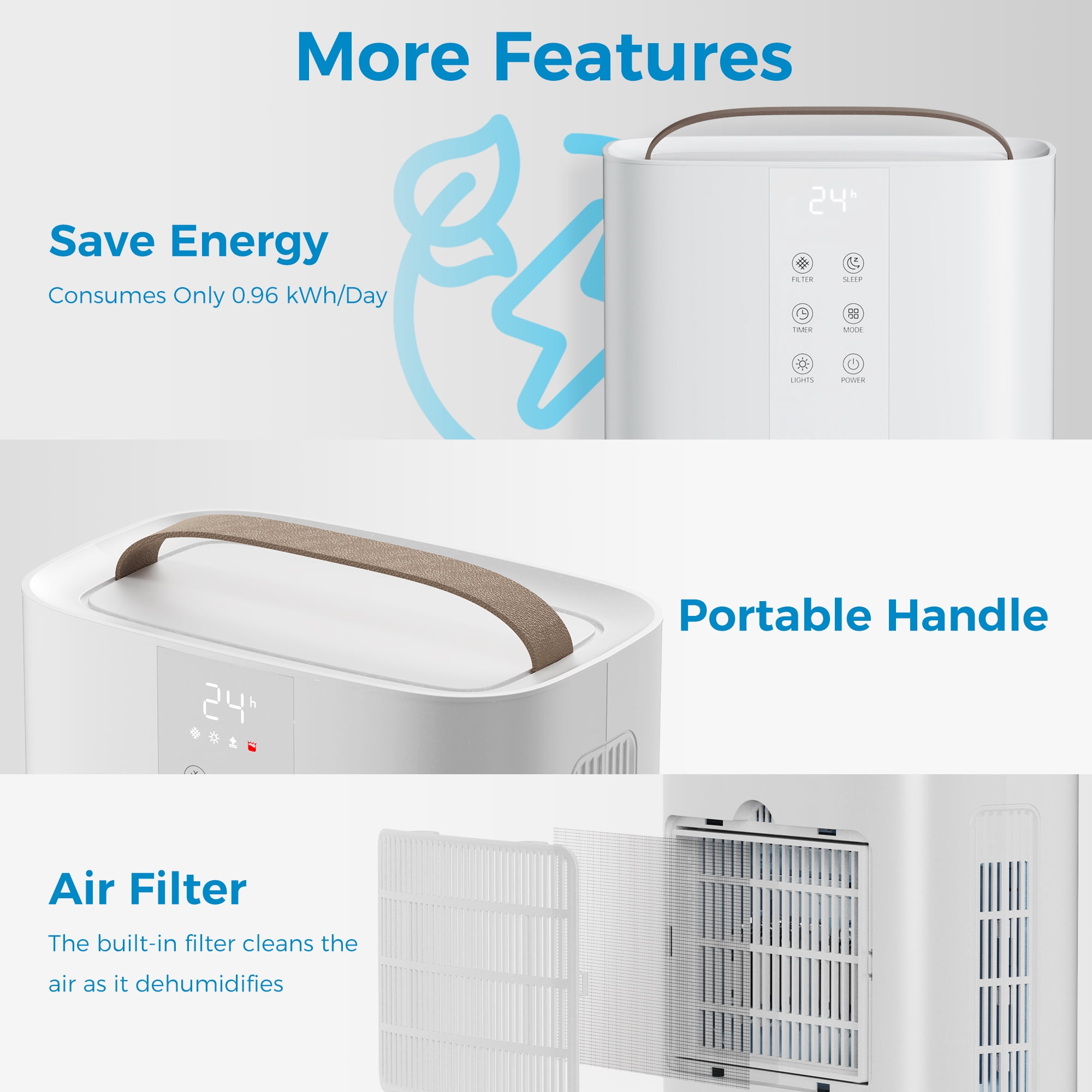 Kloudic Portable Dehumidifier for Home, Ultra Quiet Small Dehumidifier with Auto Shut Off and Sleep Mode (White, 90 oz) tigv1