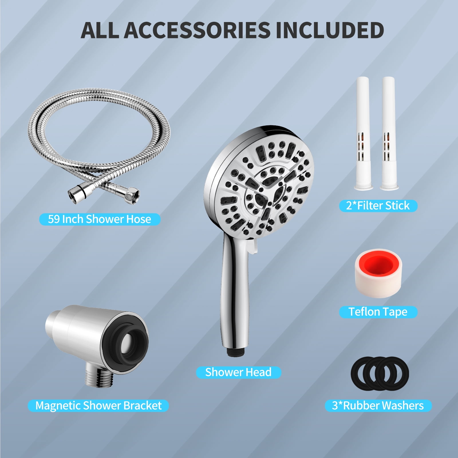PHANCIR Magnetic Handheld Showerhead with 10 Spray Modes, High Pressure Anti-Clog Design, Integrated Water Filter (Silver, 5 in Panel, 59 in Hose) whxe0