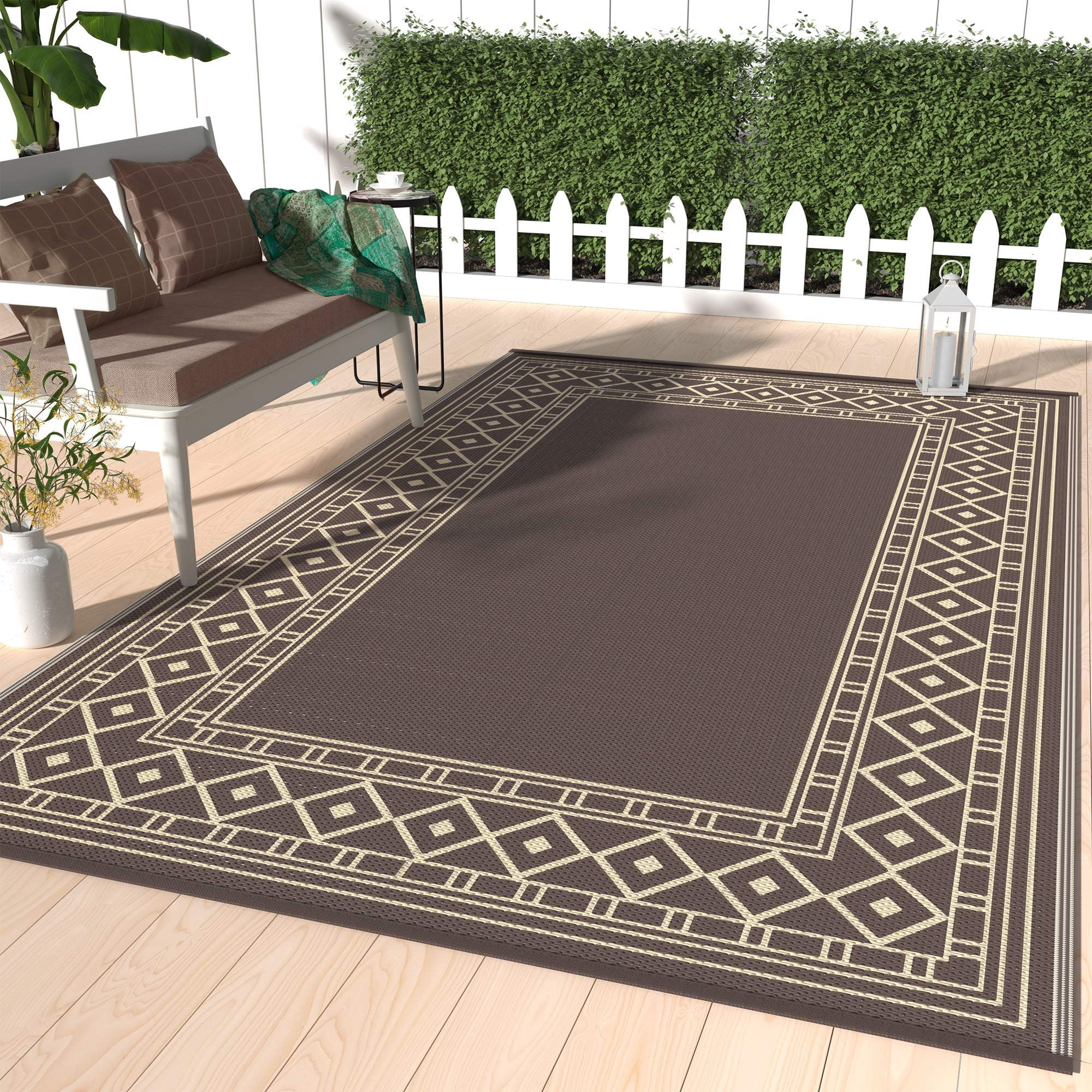DEORAB Outdoor Rug Waterproof Reversible Patio Mat for Camping and Backyard (Coffee & Brown, 6 ft x 9 ft) ekkm9