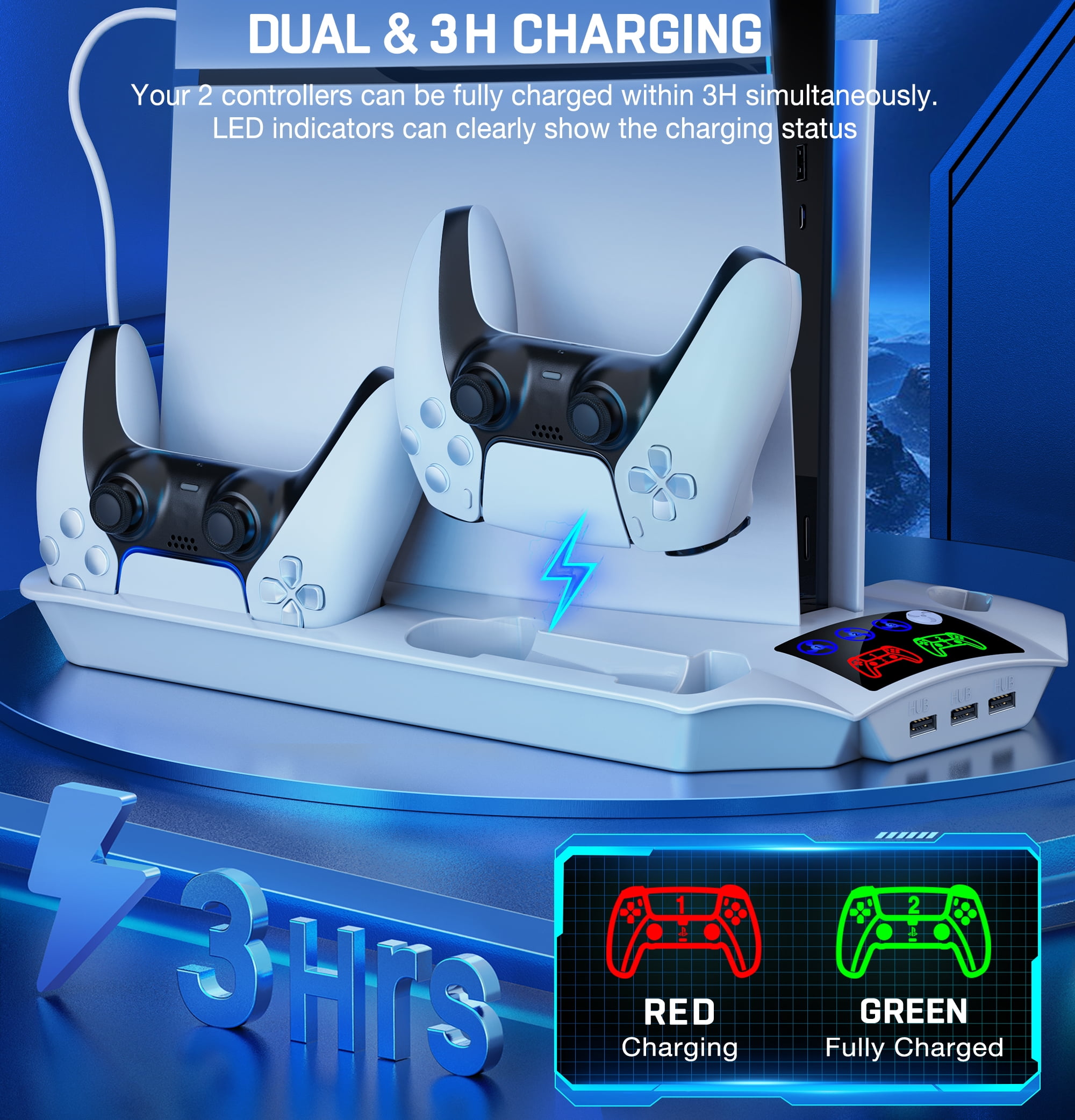 Beboncool PS5 Cooling Stand with Dual Controller Charger and Game Storage (White, 1 Pack) 3icr3