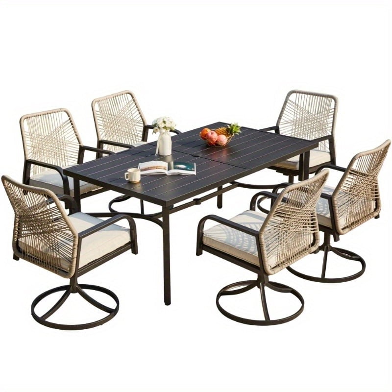 U-HOMY 7-Piece Outdoor Dining Set, 6 PE Woven Rattan Swivel Chairs with UV-Resistant Cushions & Steel Slat Table (Beige, 7-Piece Set) w076y